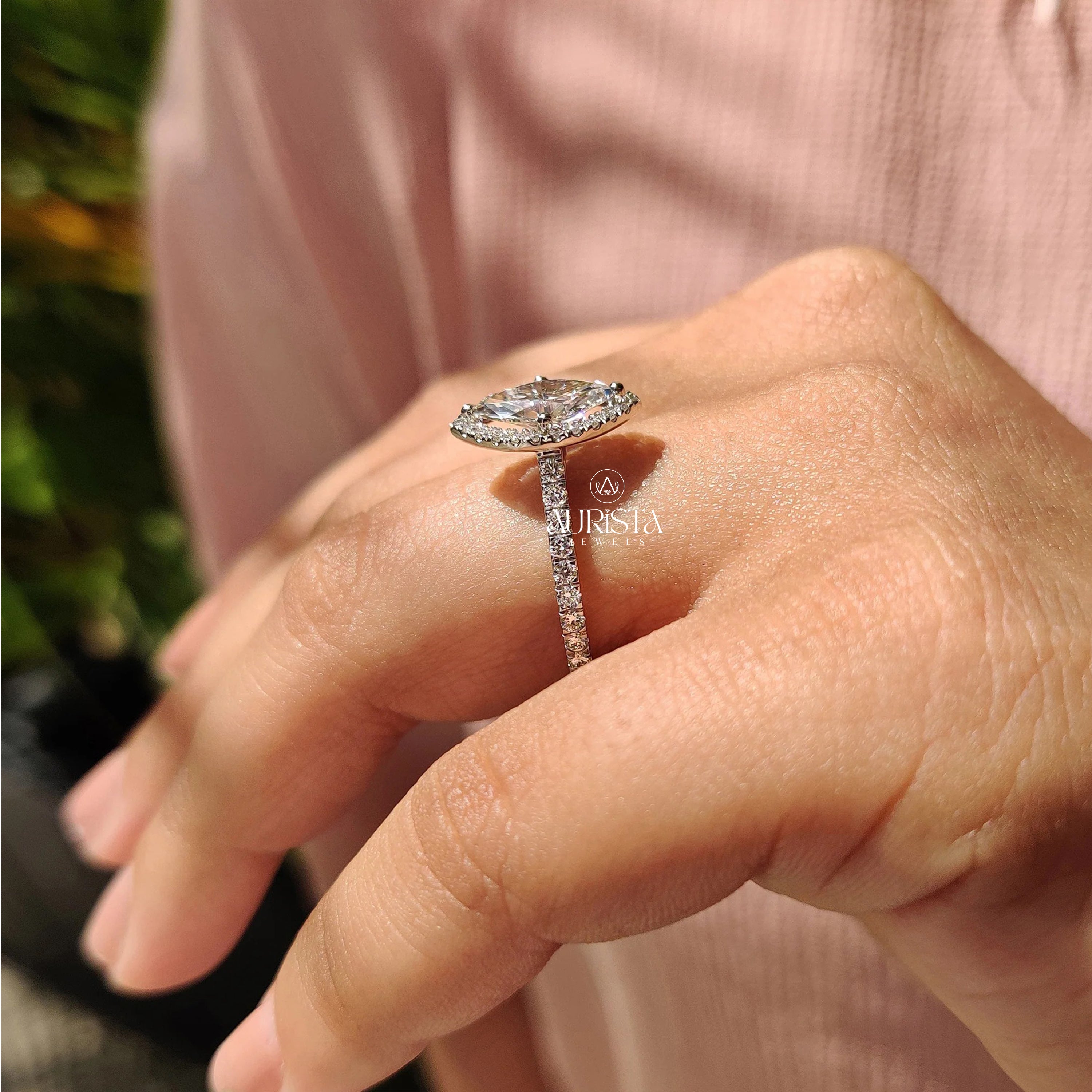 The Luminous Marquise: Diamond Halo Statement Ring with Pave Band