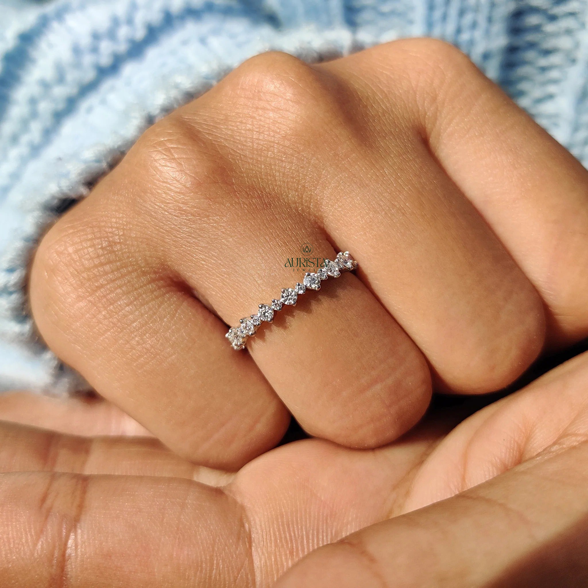 Round Cut Moissanite Diamond Eternity Band Minimalist Stackable Wedding Ring Band
