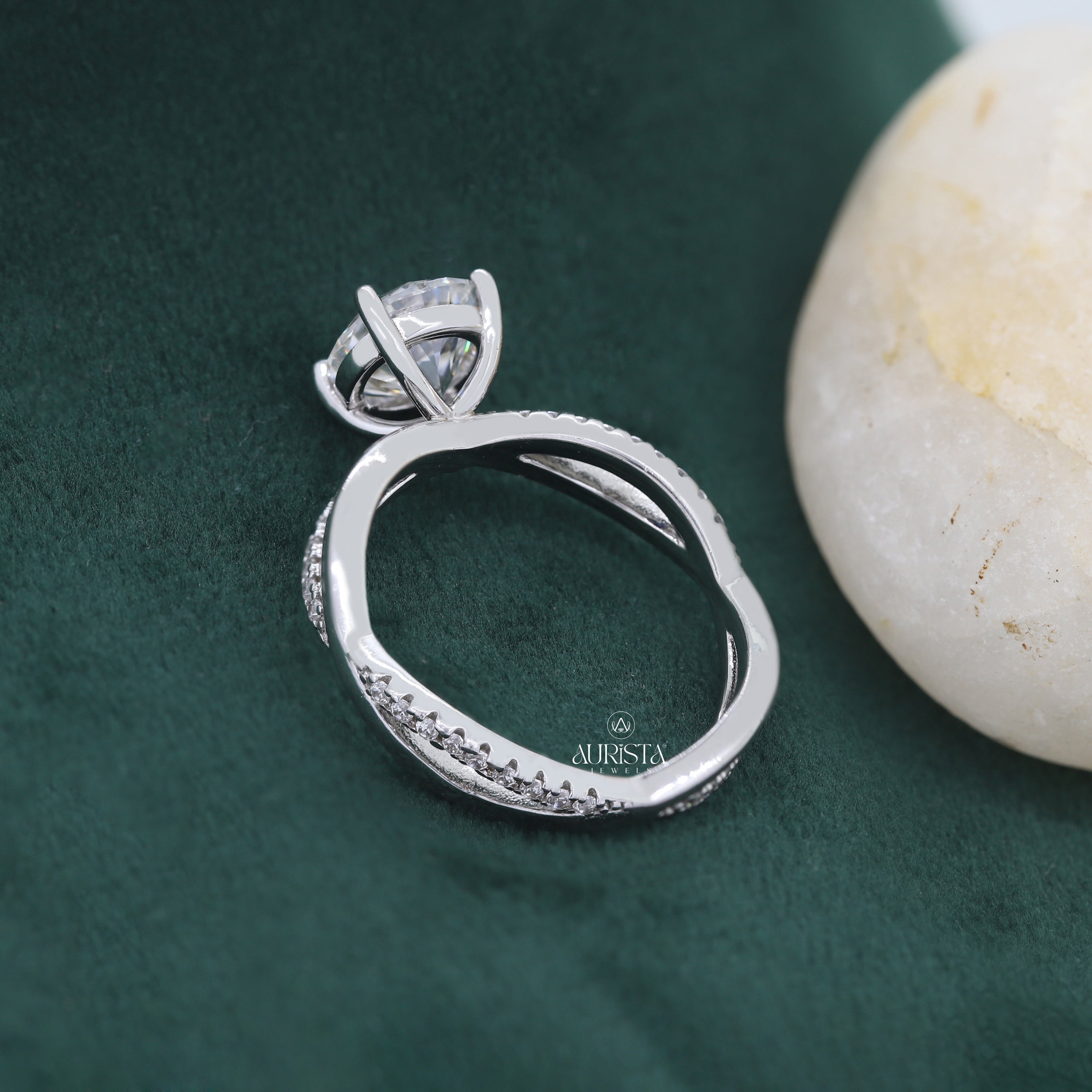 Round Cut Lab Grown Diamond Twist Ring, Pavé Engagement Wedding Ring
