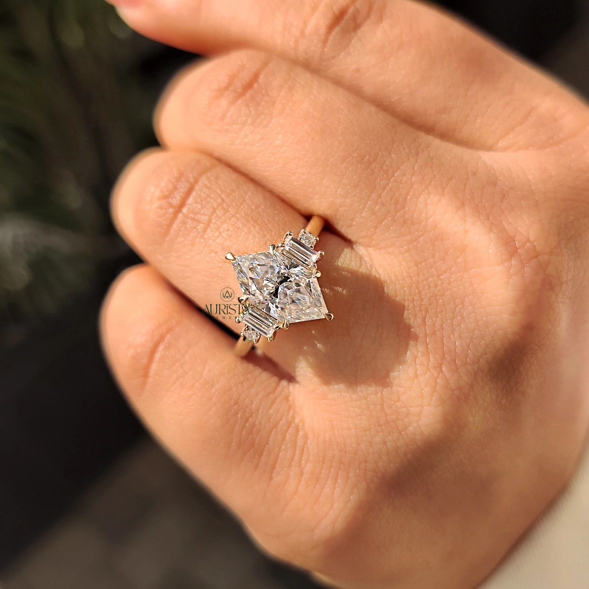 Marquise Moissanite in Diamond Baguette Yellow Gold Art Deco Engagement Ring
