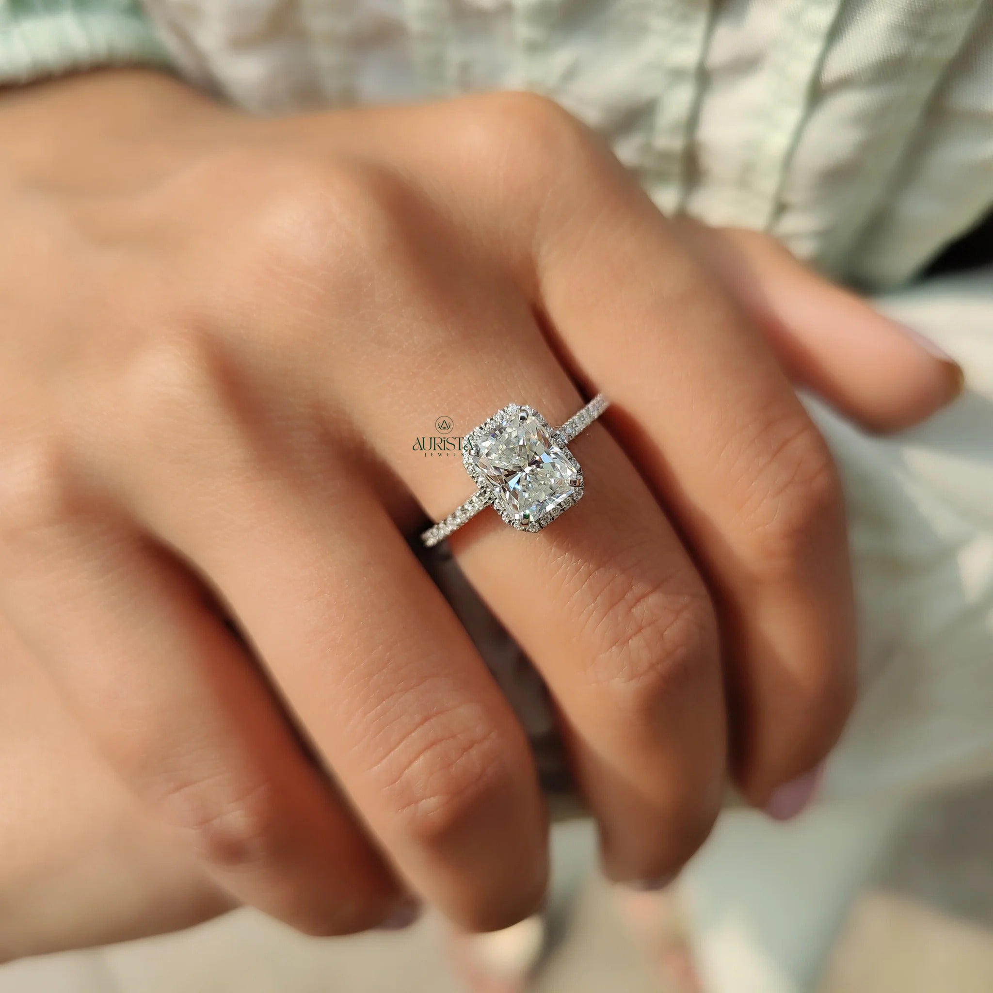 Radiant Cut Moissanite Halo Engagement Ring with Diamond Pave Band