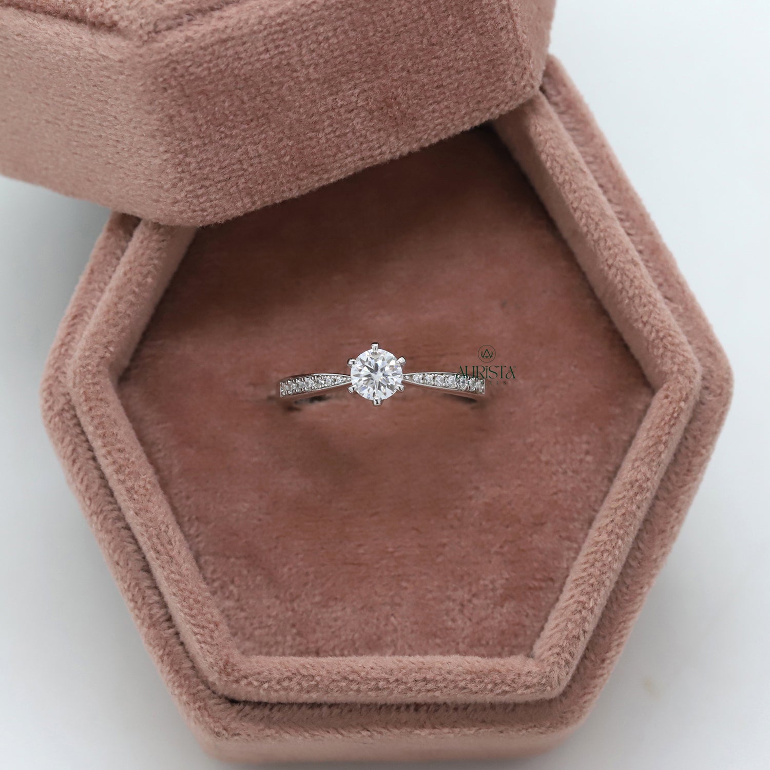 Round Cut Lab Grown Diamond ,  Side Stone,White Gold, Engagement Ring