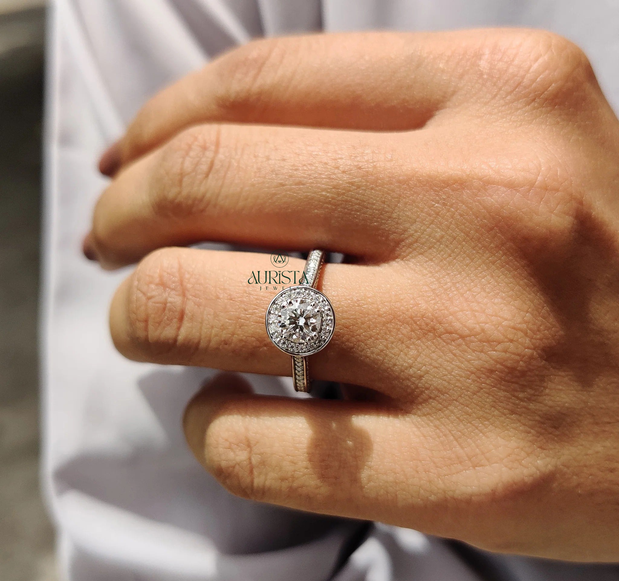 Celestia Round Cut Diamond Halo Ring with Pave Brilliance