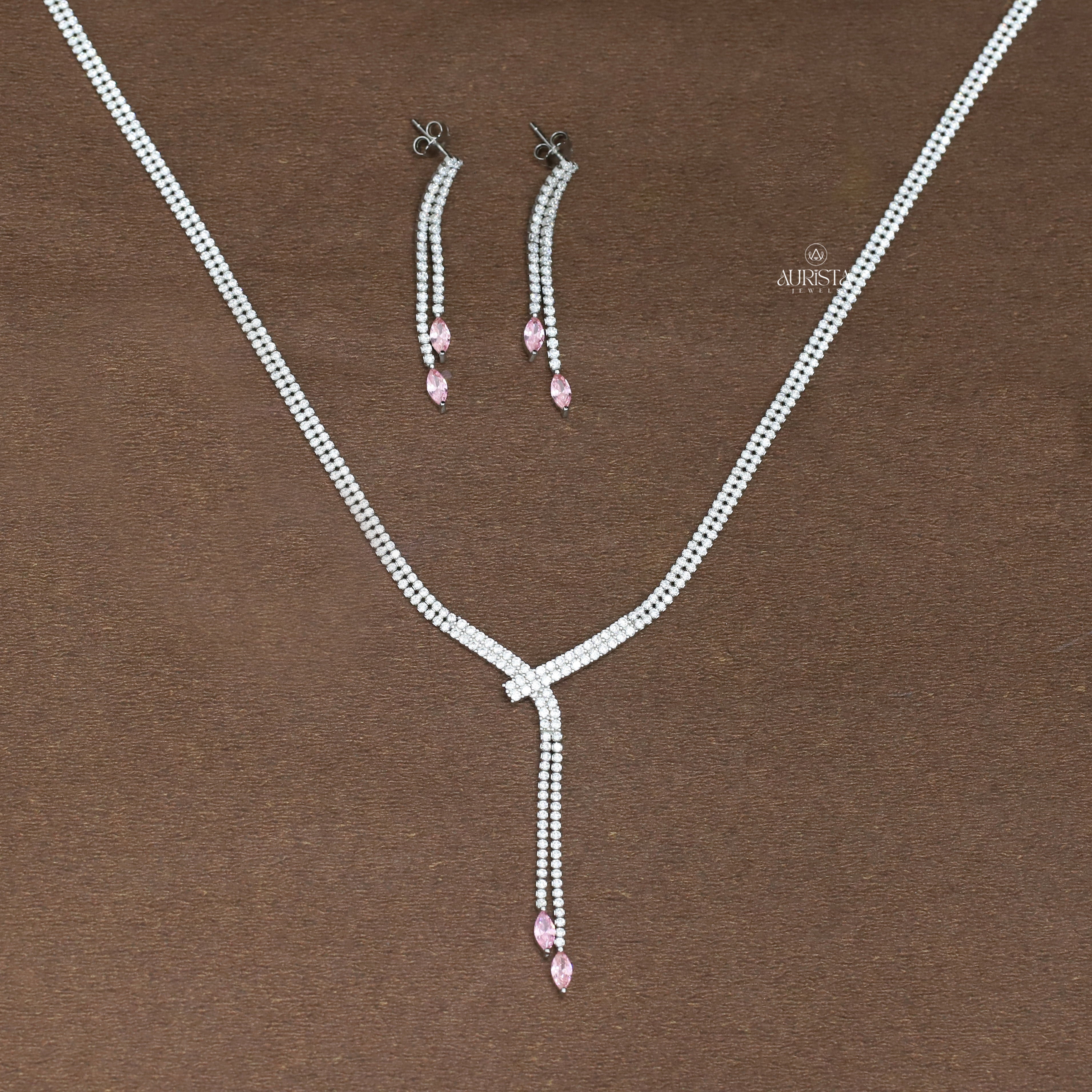 Elegant Moissanite Necklace and Earring Set with Round and Pink Marquise Accents