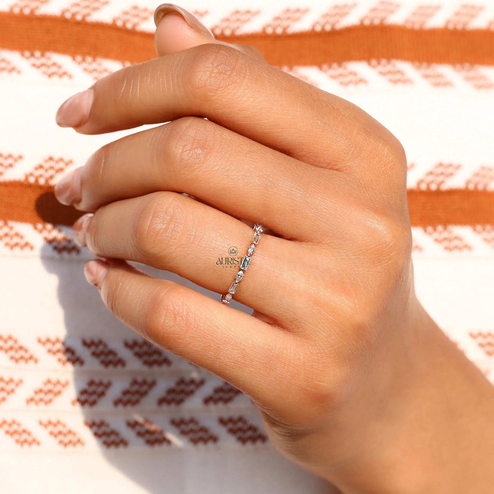 Mixed Cut Moissanite Diamond Band, Marquise & Baguette Gold Stackable Wedding Ring