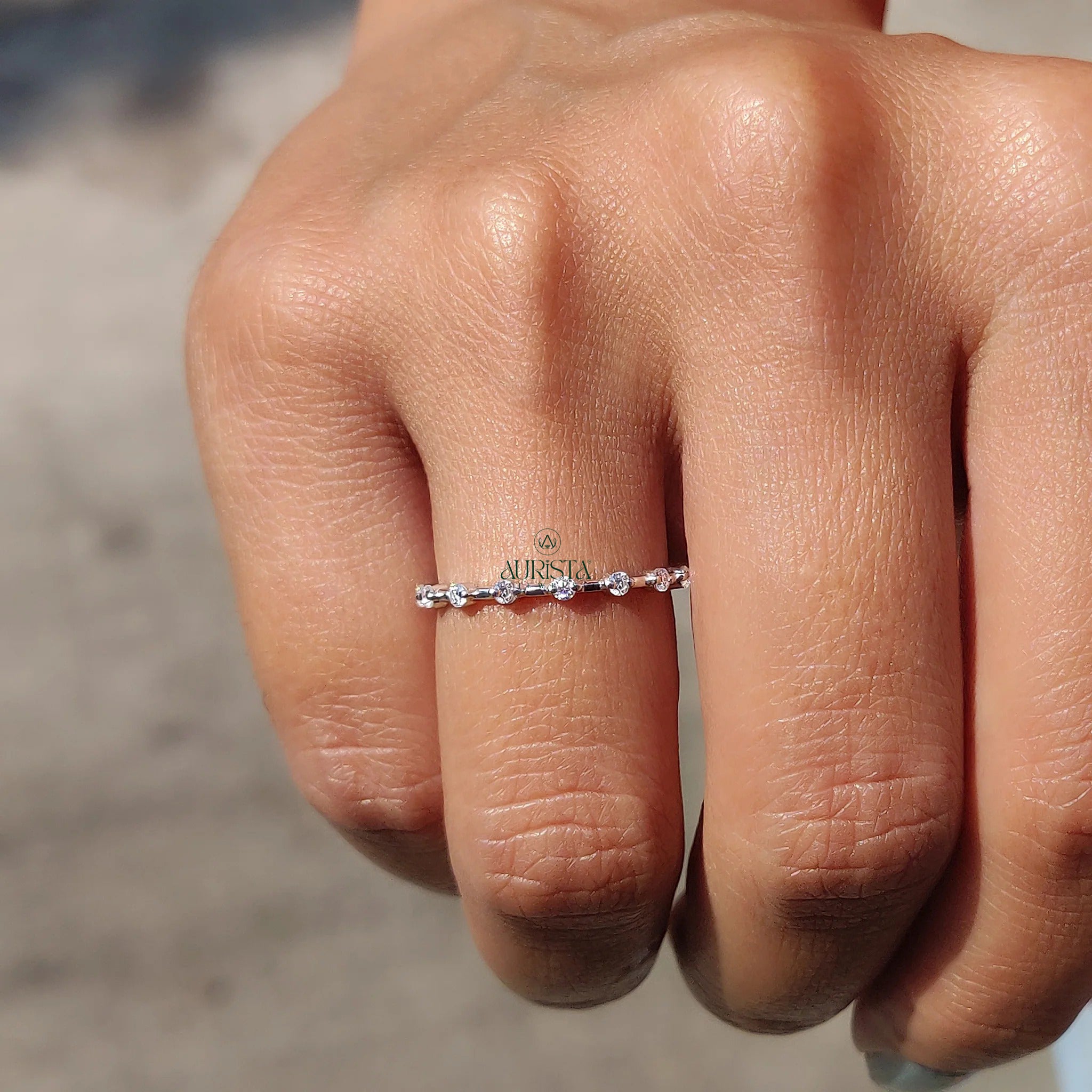 Dainty Moissanite and Diamond Station Band - Minimalist Stackable Wedding Ring