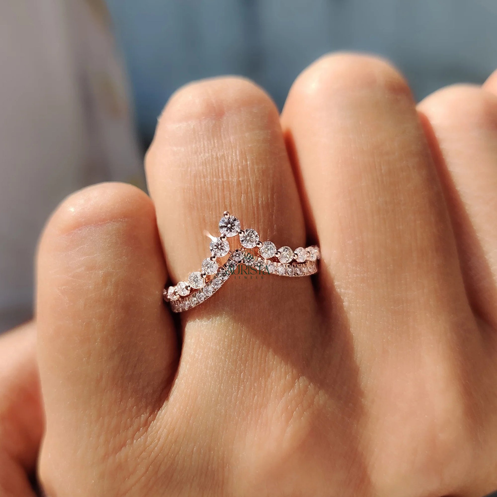 Rose Gold Chevron Lab Grown Diamond Wedding Band Curved Double Row Stackable Ring