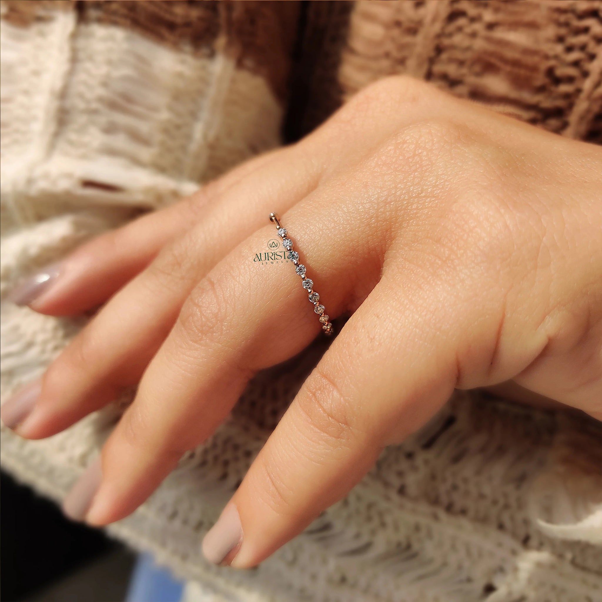Round Moissanite Diamond Gold Band, Minimalist Stackable Ring, Delicate Jewelry Gift