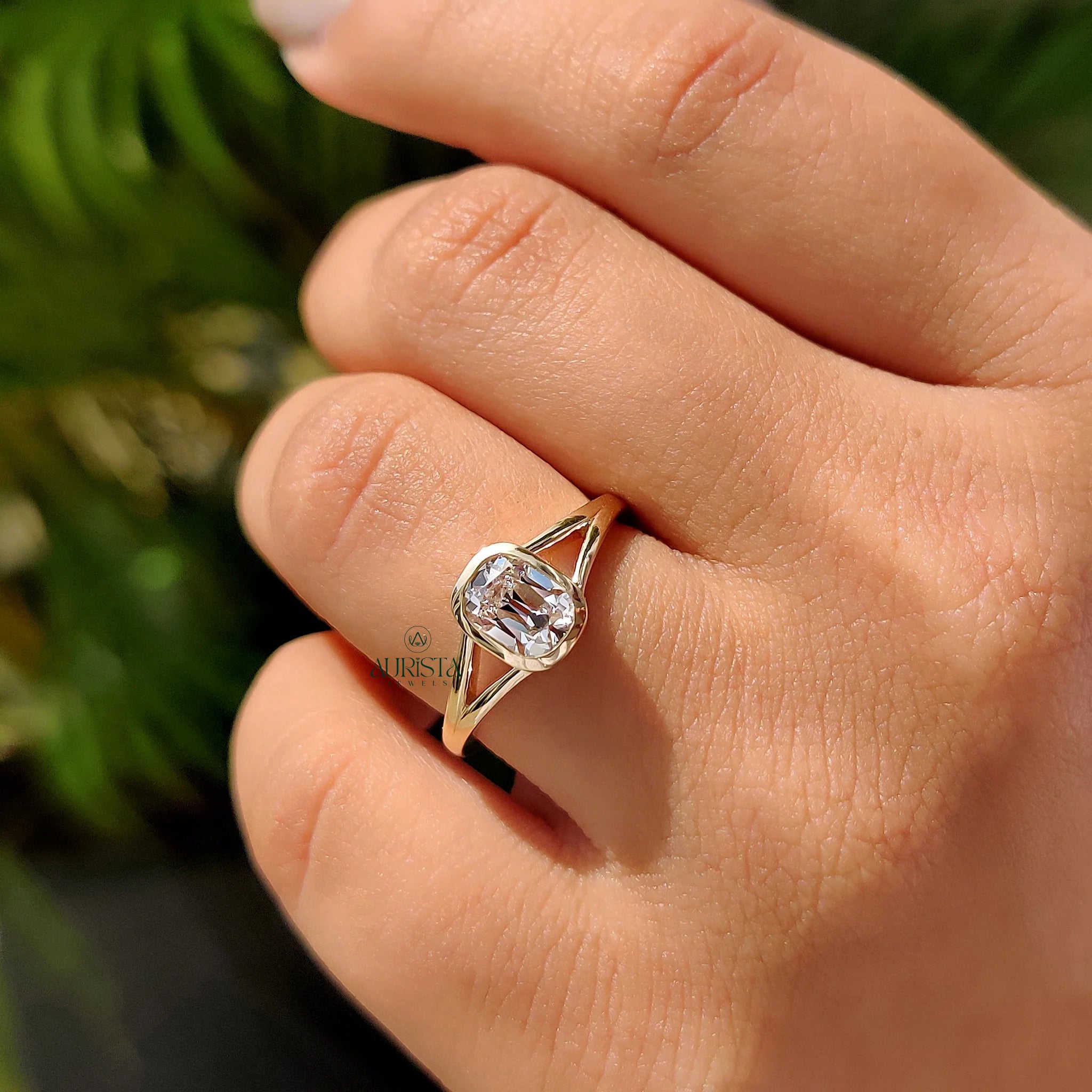 Crisscut Cushion Diamond Bezel Set Split Shank Ring