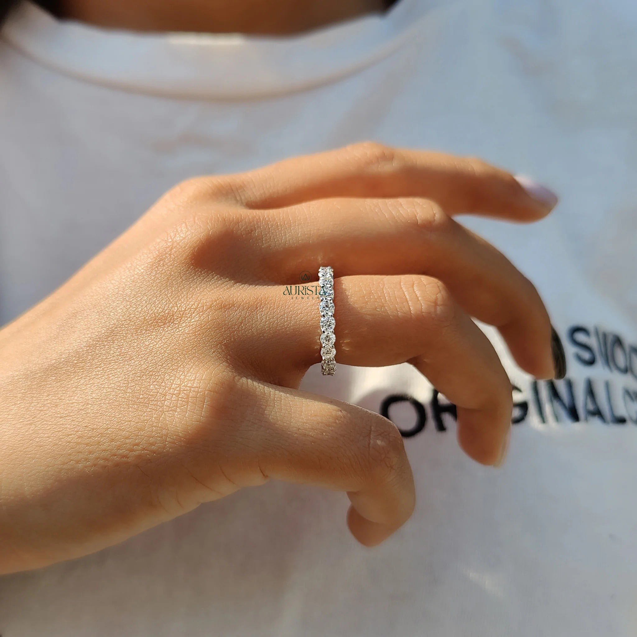 Moissanite Diamond Full Eternity Band Minimalist Stackable Wedding Ring White Gold