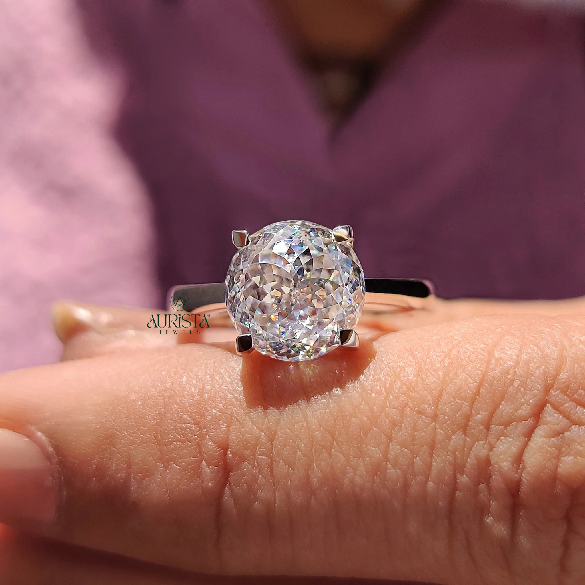 Portuguese Cut Moissanite Solitaire Engagement Ring Minimalist White Gold Band