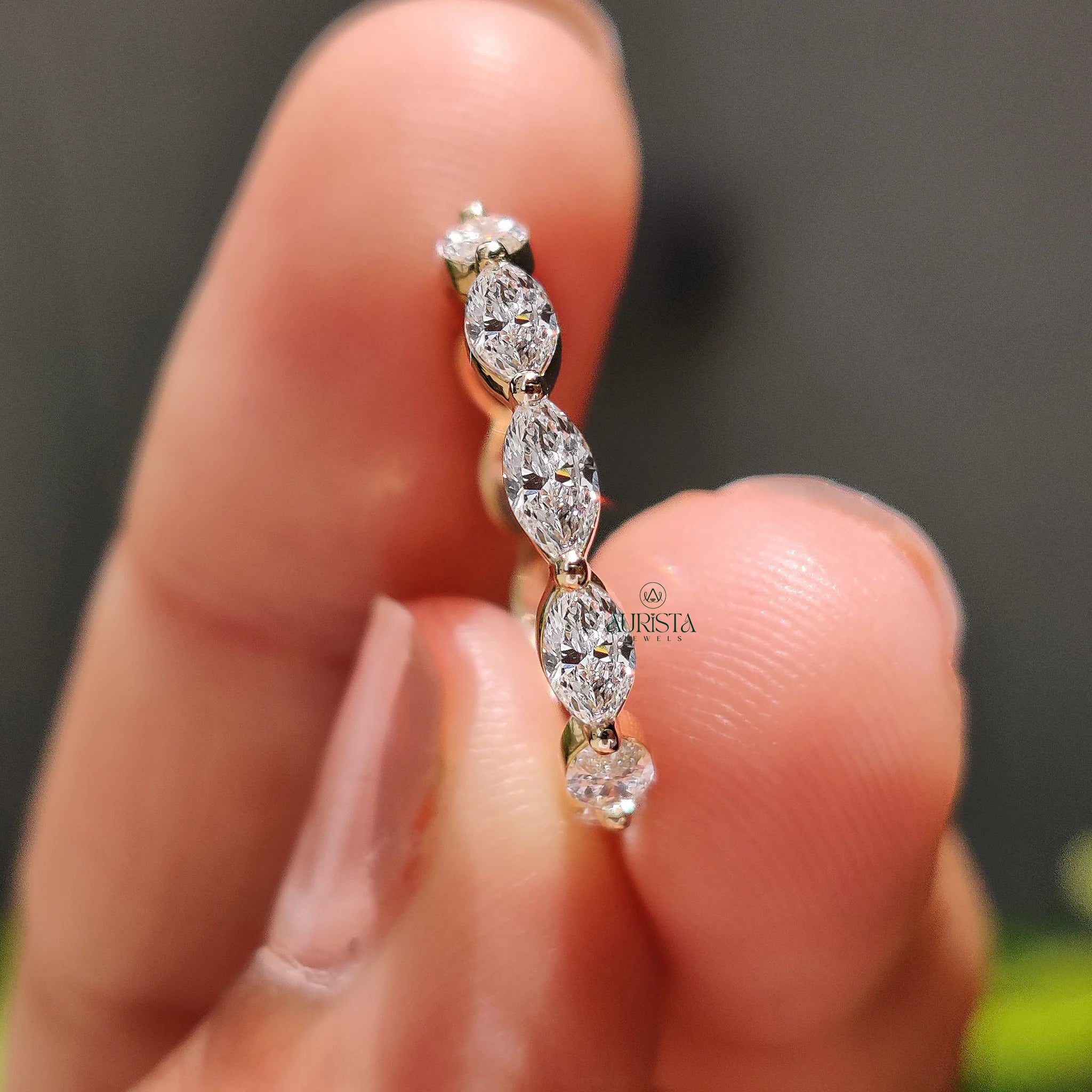 East-West Marquise Moissanite Diamond Full Eternity Wedding Band, Yellow Gold Ring
