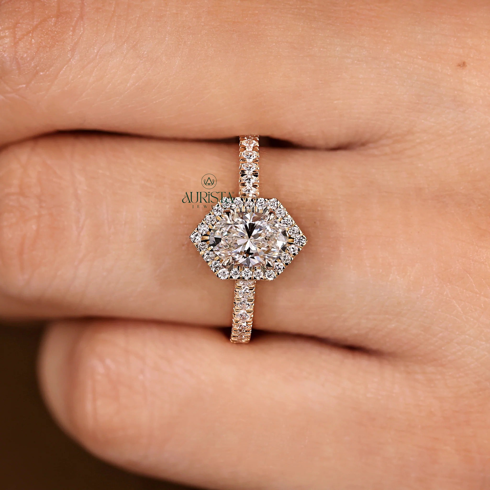 The Geometric Muse: Oval Cut Diamond in a Hexagon Halo with Lustre Pave Band