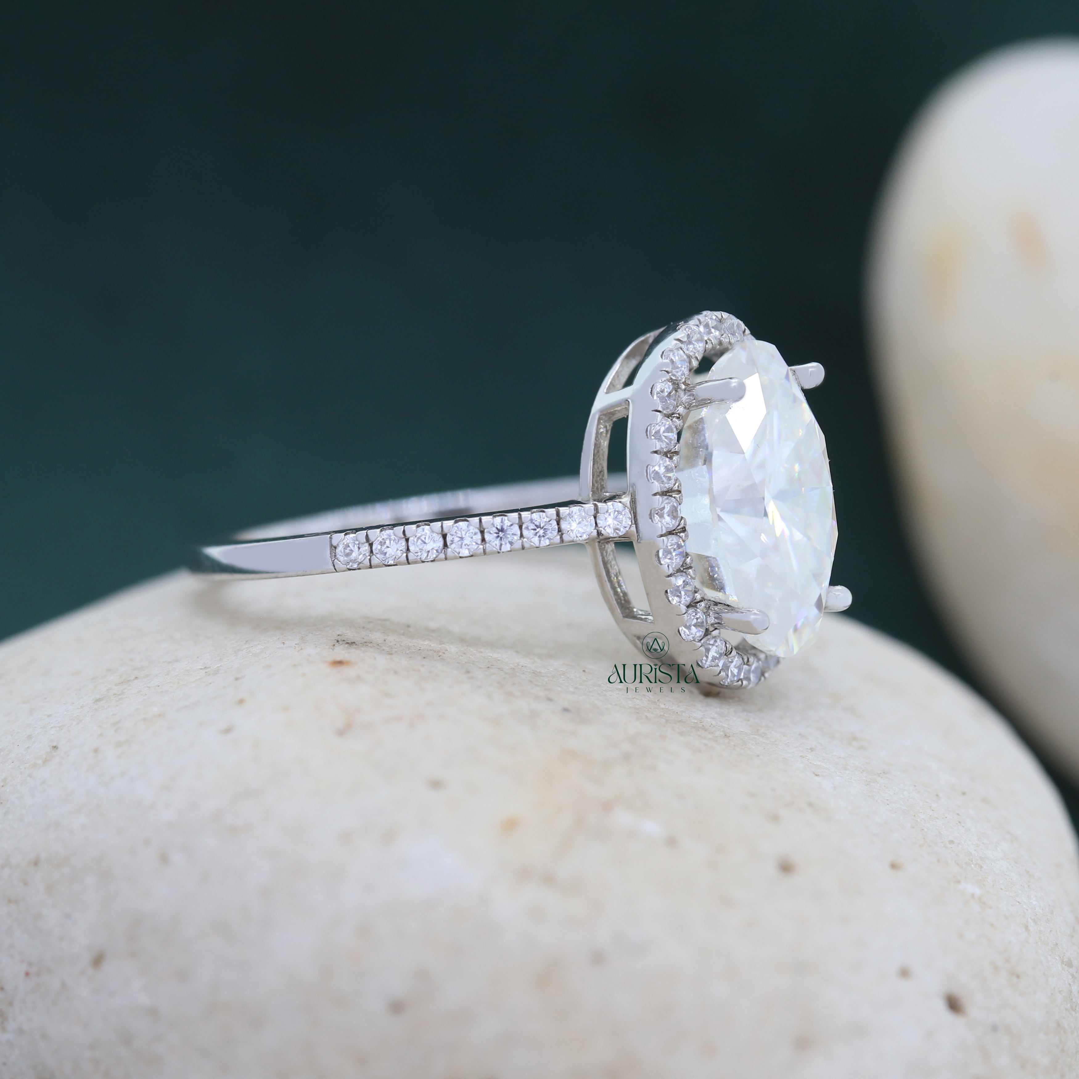 Oval Cut Lab Grown Diamond Halo Engagement Ring, Pavé Wedding Band