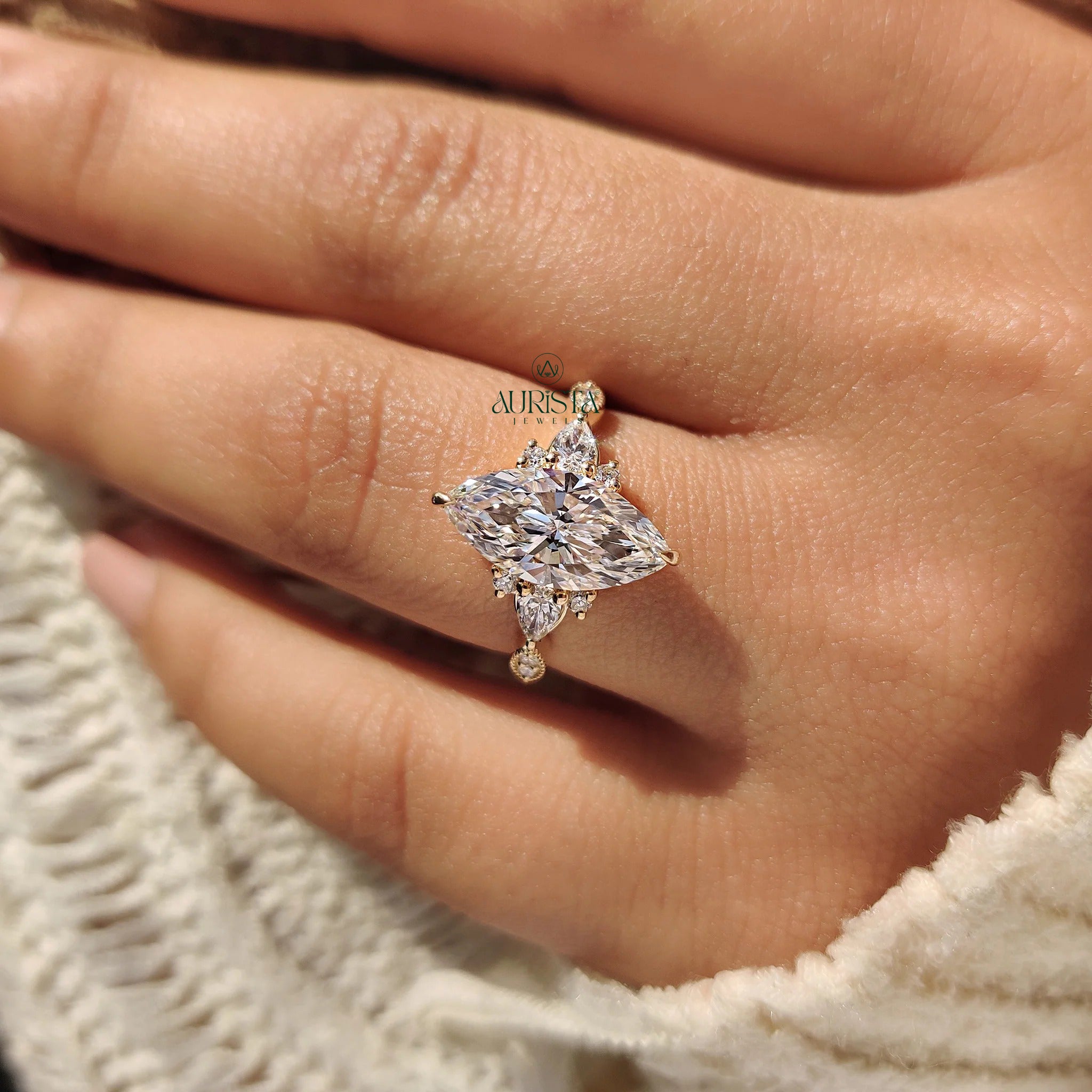 Marquise Cut Diamond Ring with Unique Side Stone Cluster Band