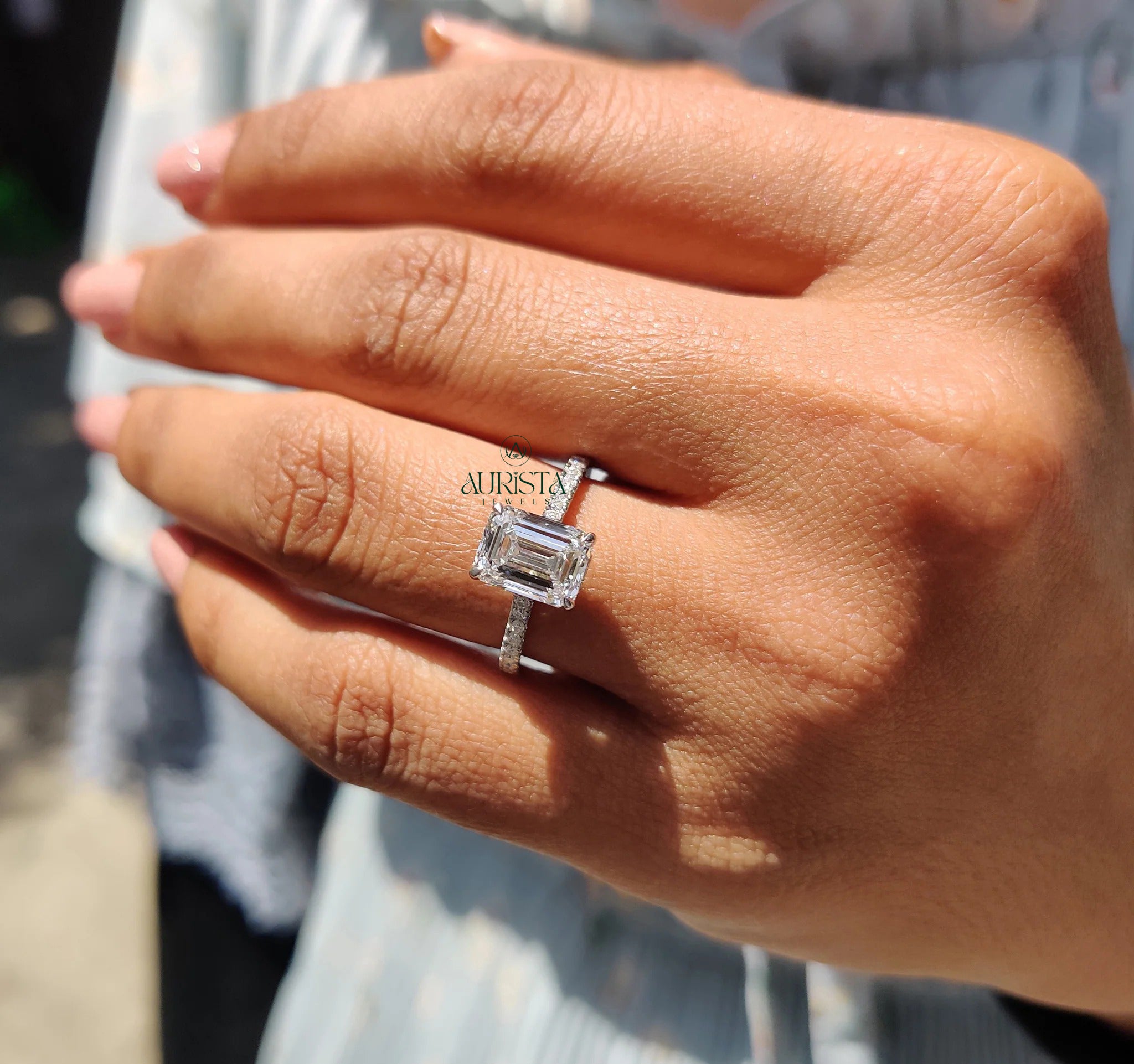 Emerald Cut Diamond Ring with Timeless Pave Elegance