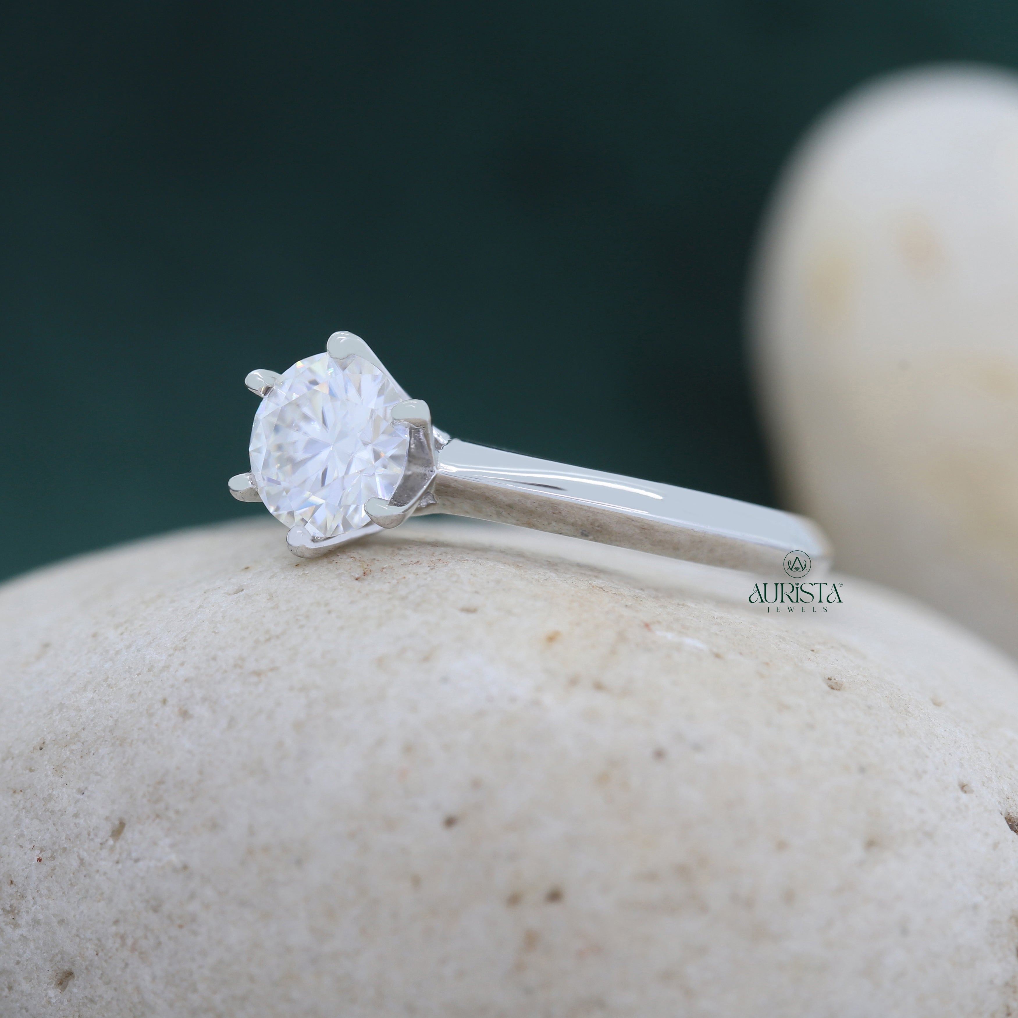 Round Cut Lab Grown Diamond Engagement Ring, White Gold Side Stone Anniversary Gift