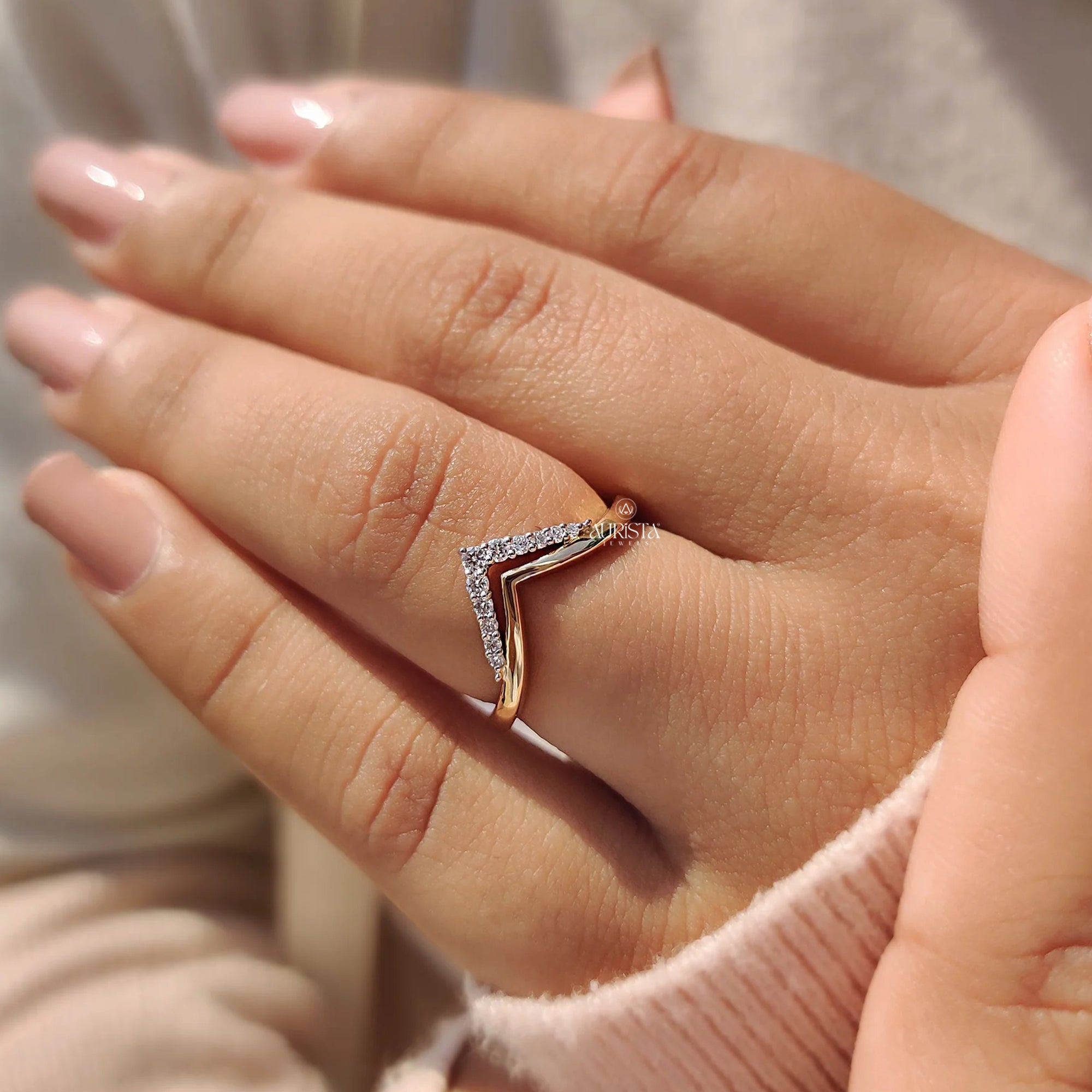 Stylish Chevron Diamond Ring in Gold