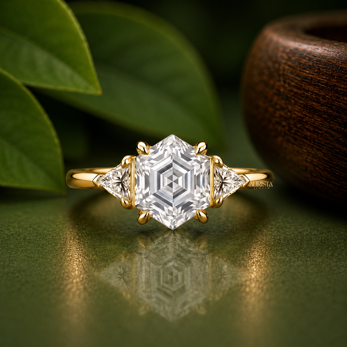 Hexagon Lab Grown Diamond Ring, Rose Gold Three Stone Ring With Trillion Side Stones
