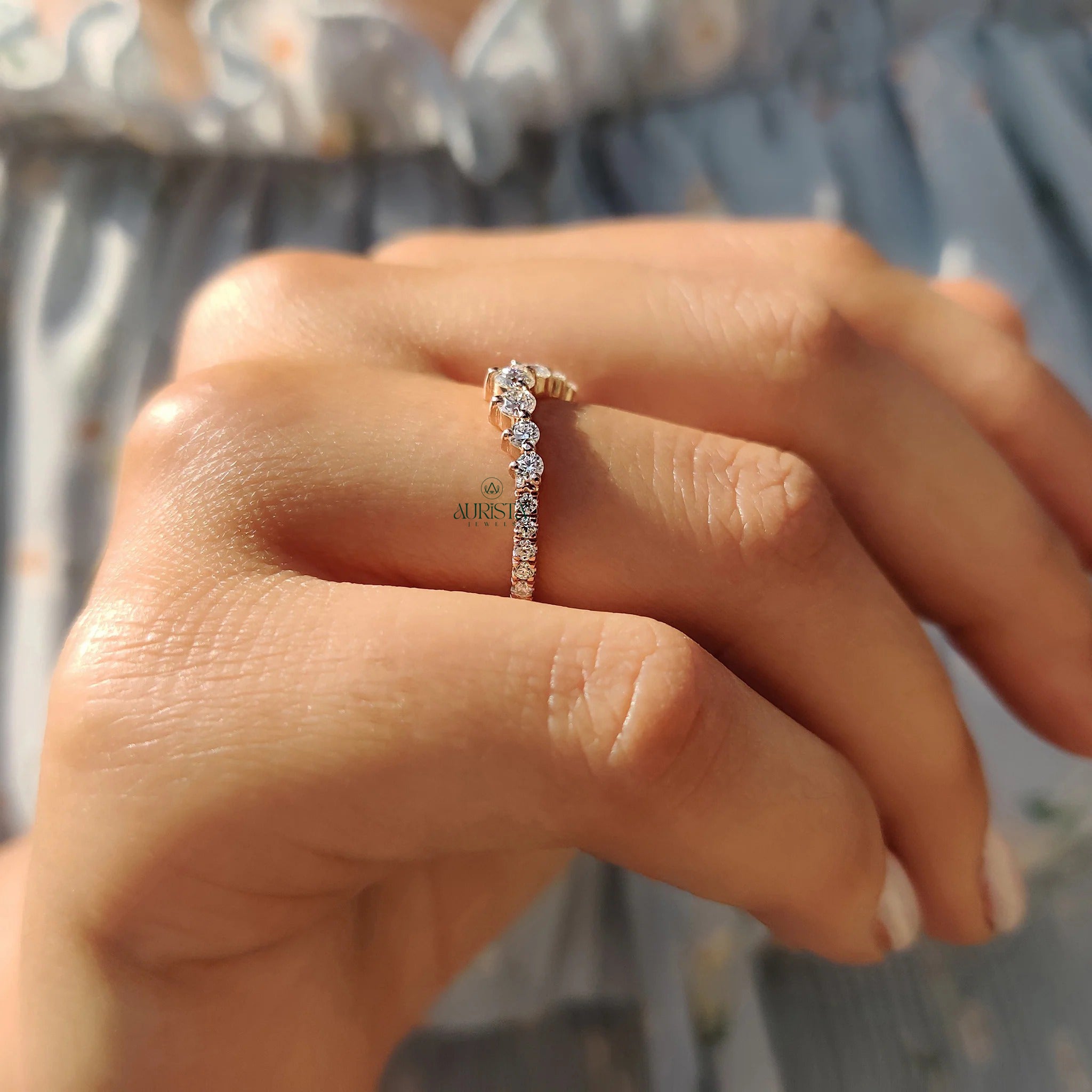 Moissanite Diamond Chevron Stackable Wedding Ring Rose Gold Dainty Curved Band