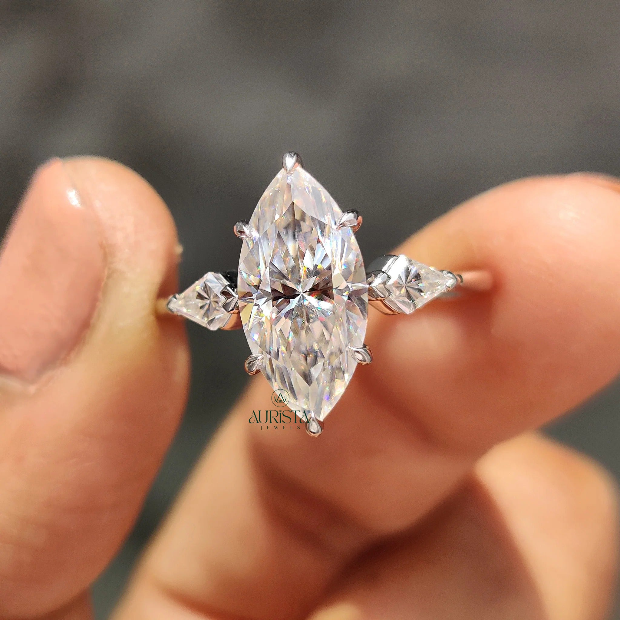 Marquise Moissanite in Diamond Kite Accent White Gold 3 Stone Engagement Ring
