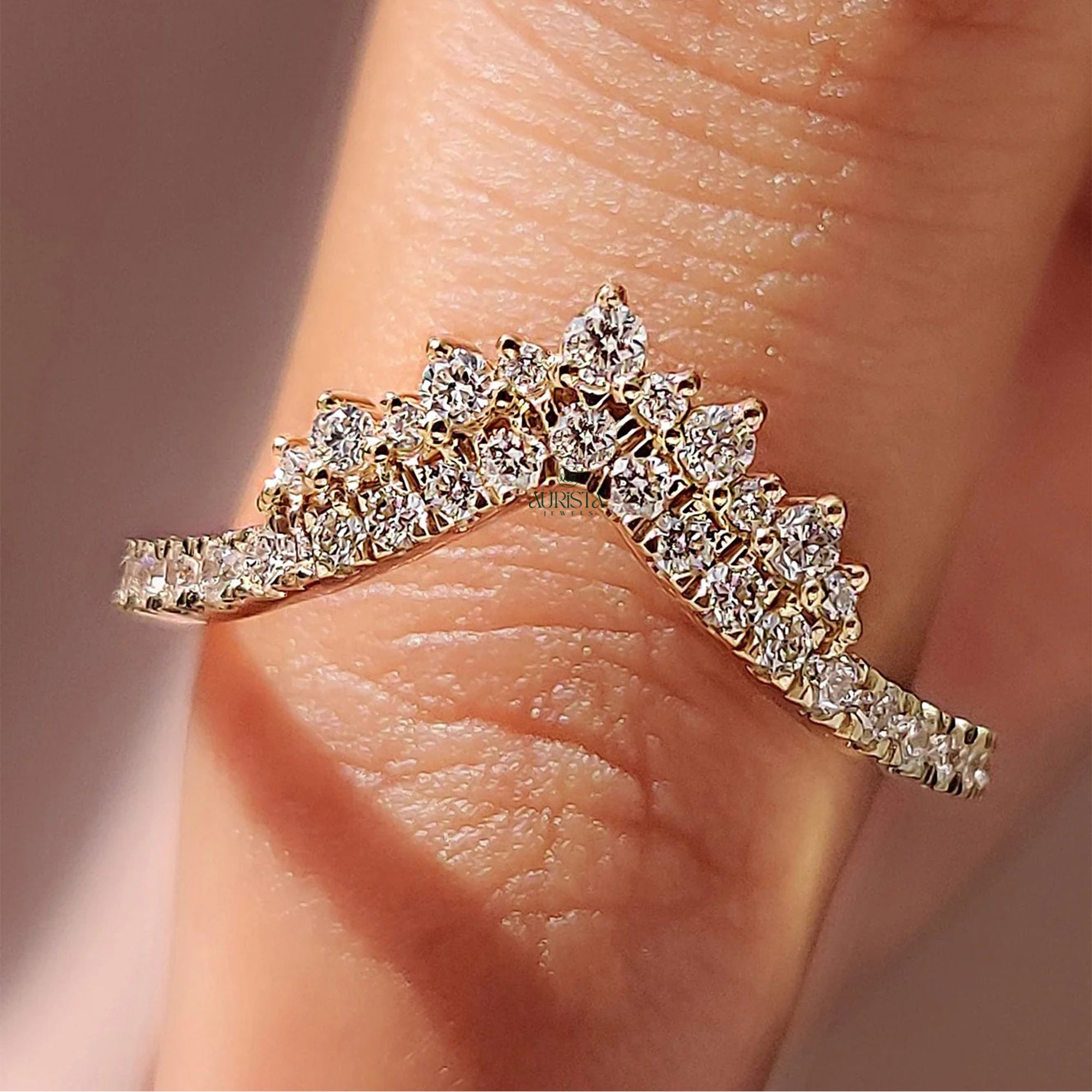Round Lab Grown Diamond Curved Chevron Ring - Gold Crown Wishbone Stacking Band