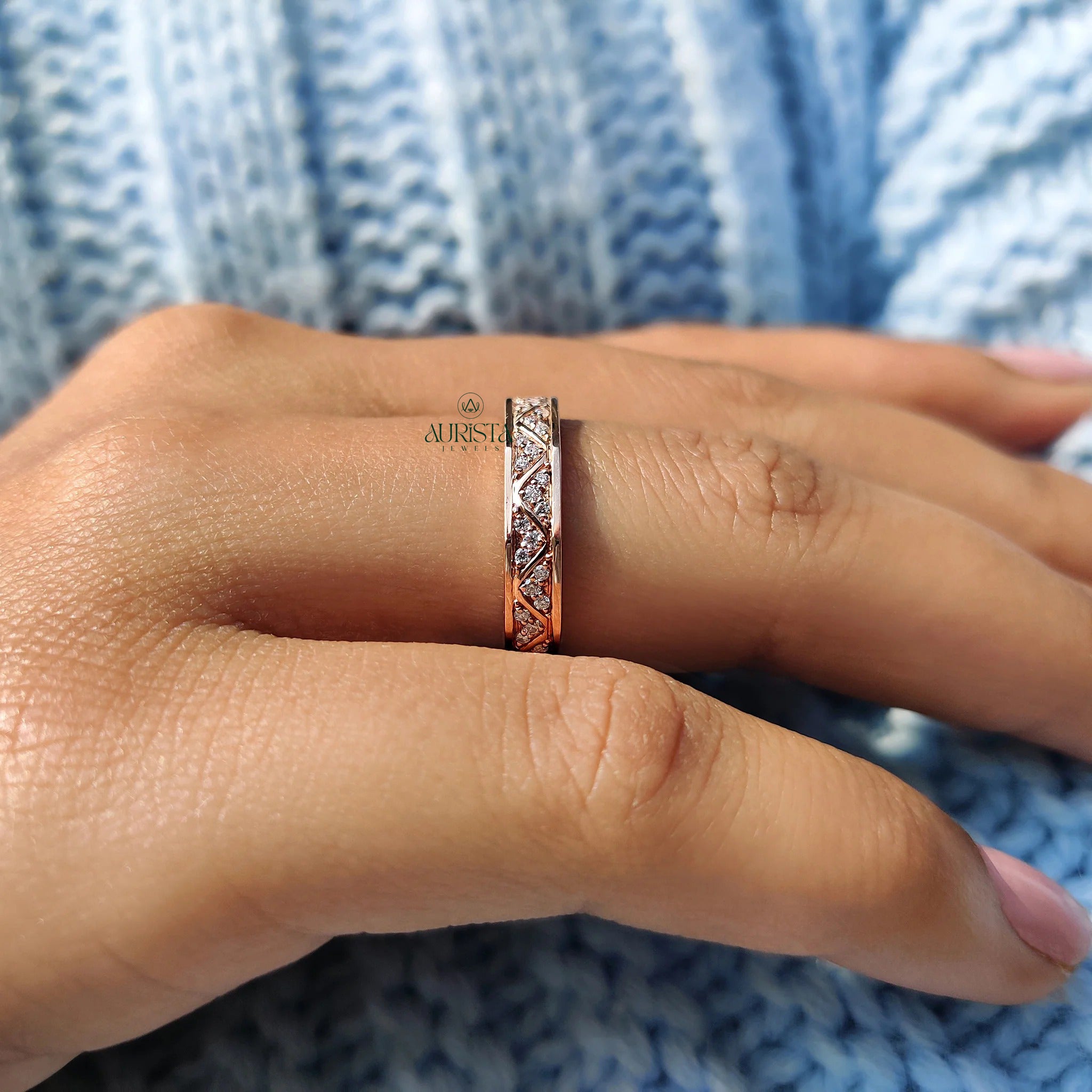 Moissanite Diamond Engraved Rose Gold Band Minimalist Geometric Wedding Ring