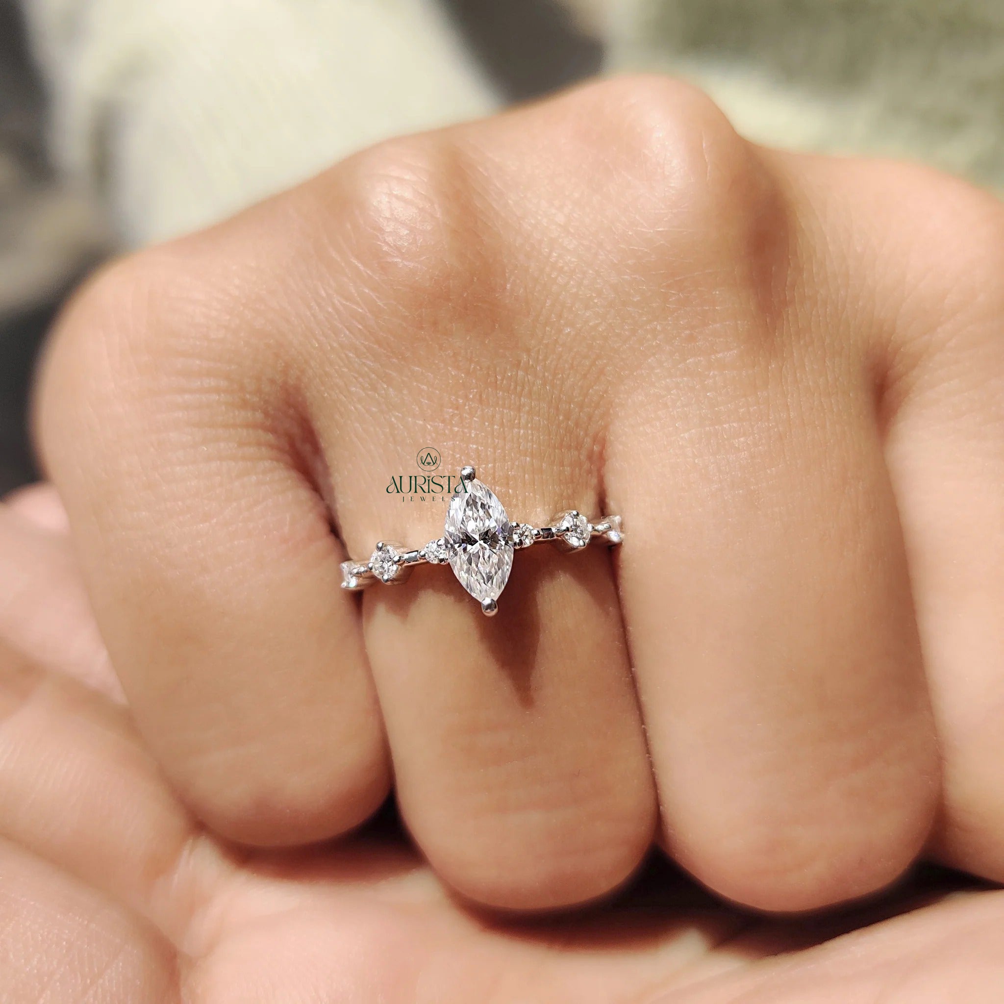 Marquise Moissanite Engagement Ring with Diamond Side Stones in White Gold Band
