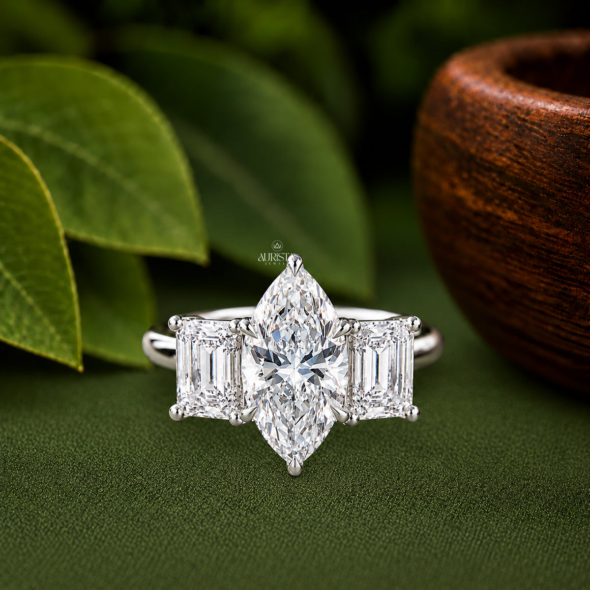 Marquise & Emerald Lab Grown Diamond Ring, Three Stone Engagement Wedding Band Ring