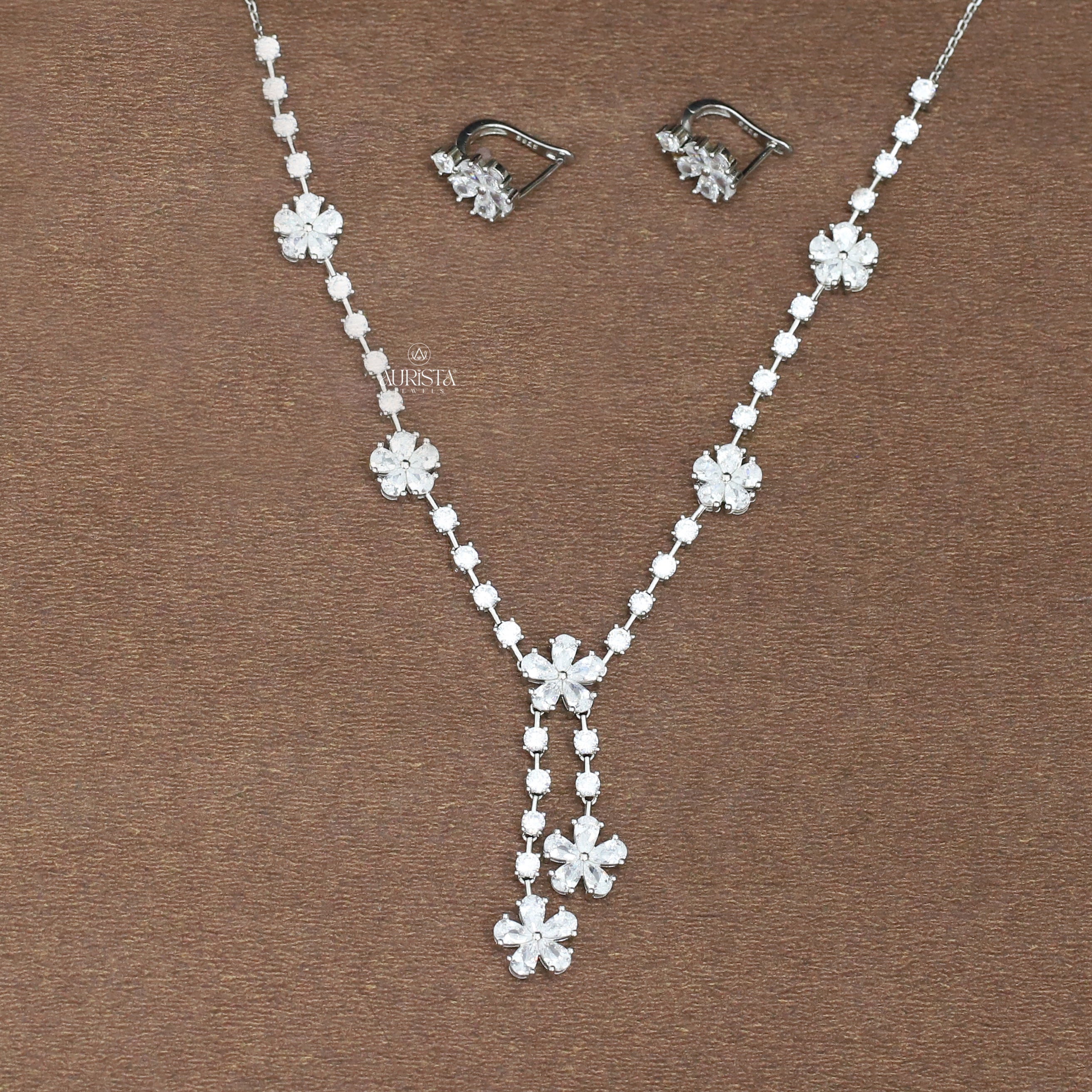 Necklace and Earring moissanite Set Elegant Flower Pendant Minimalist Floral Set