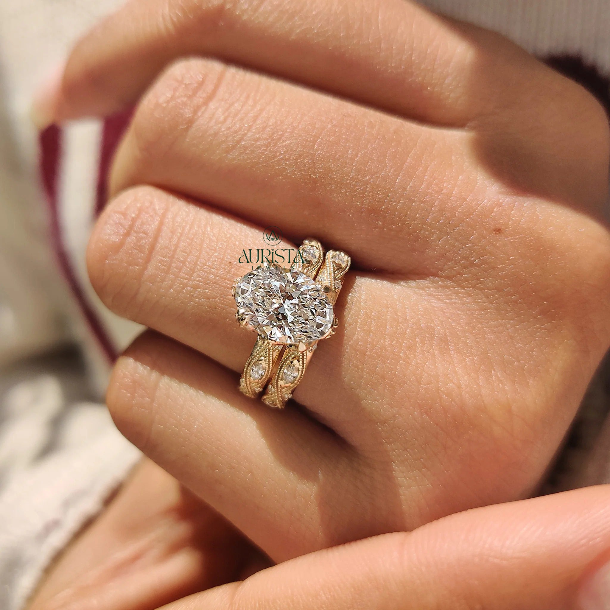Vintage Oval Diamond Bridal Set - Antique Milgrain Marquise Band Ring