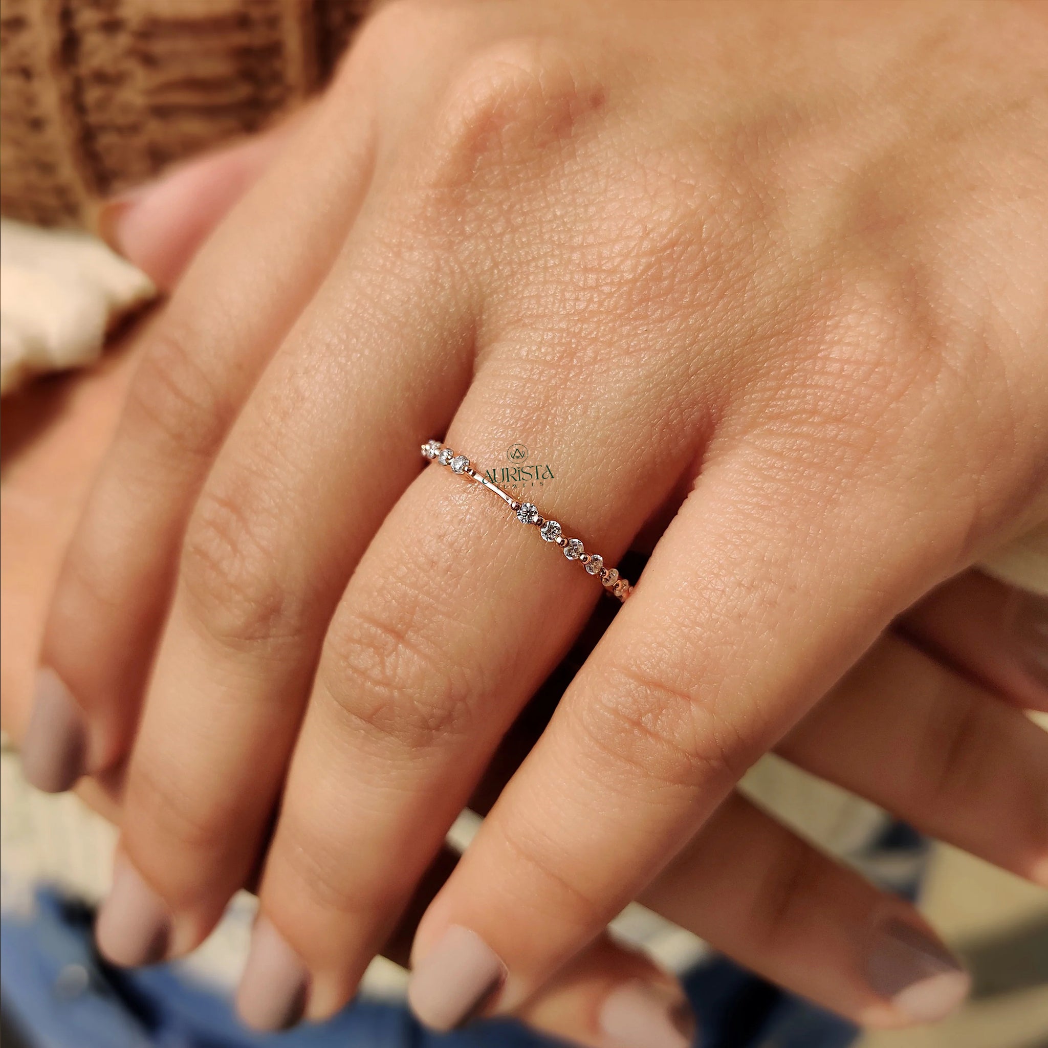 Round Moissanite Diamond Gold Band, Minimalist Stackable Ring, Delicate Jewelry Gift