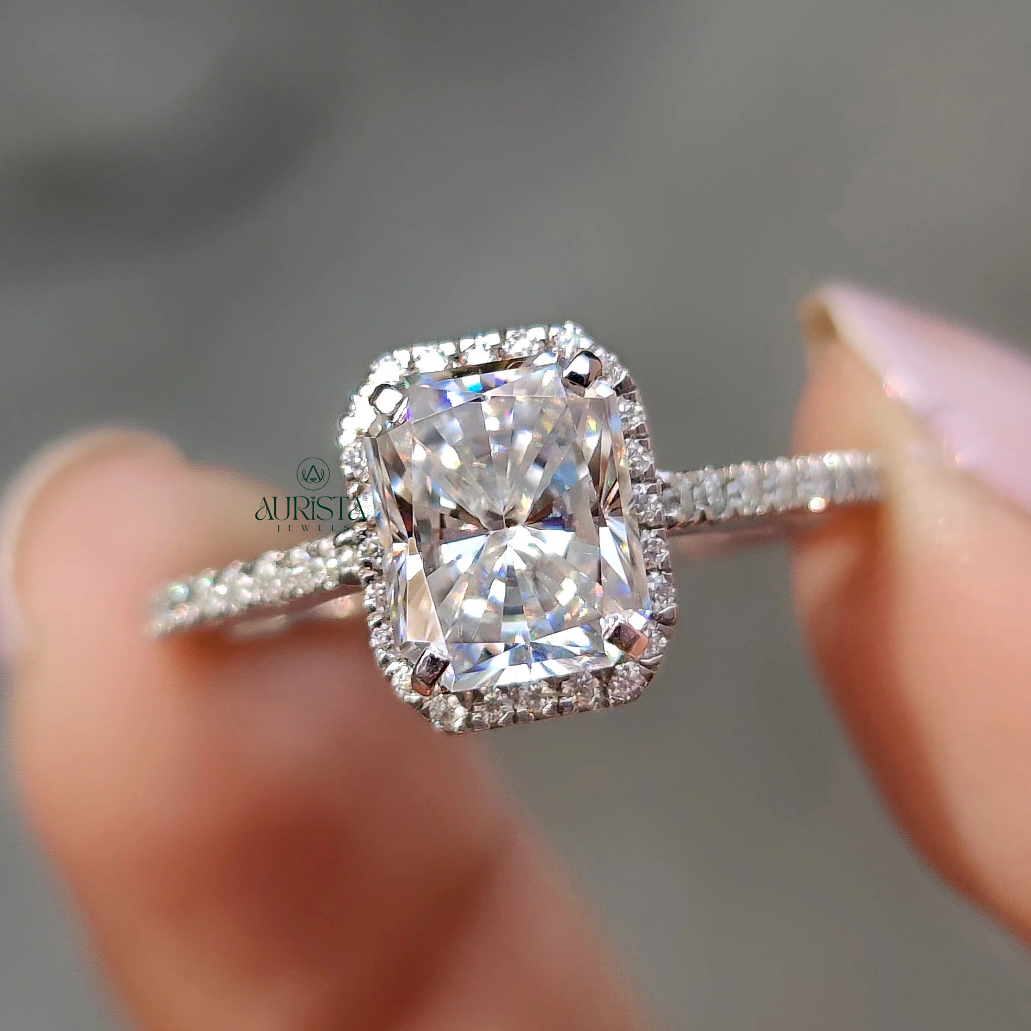 Radiant Cut Moissanite Halo Engagement Ring with Diamond Pave Band