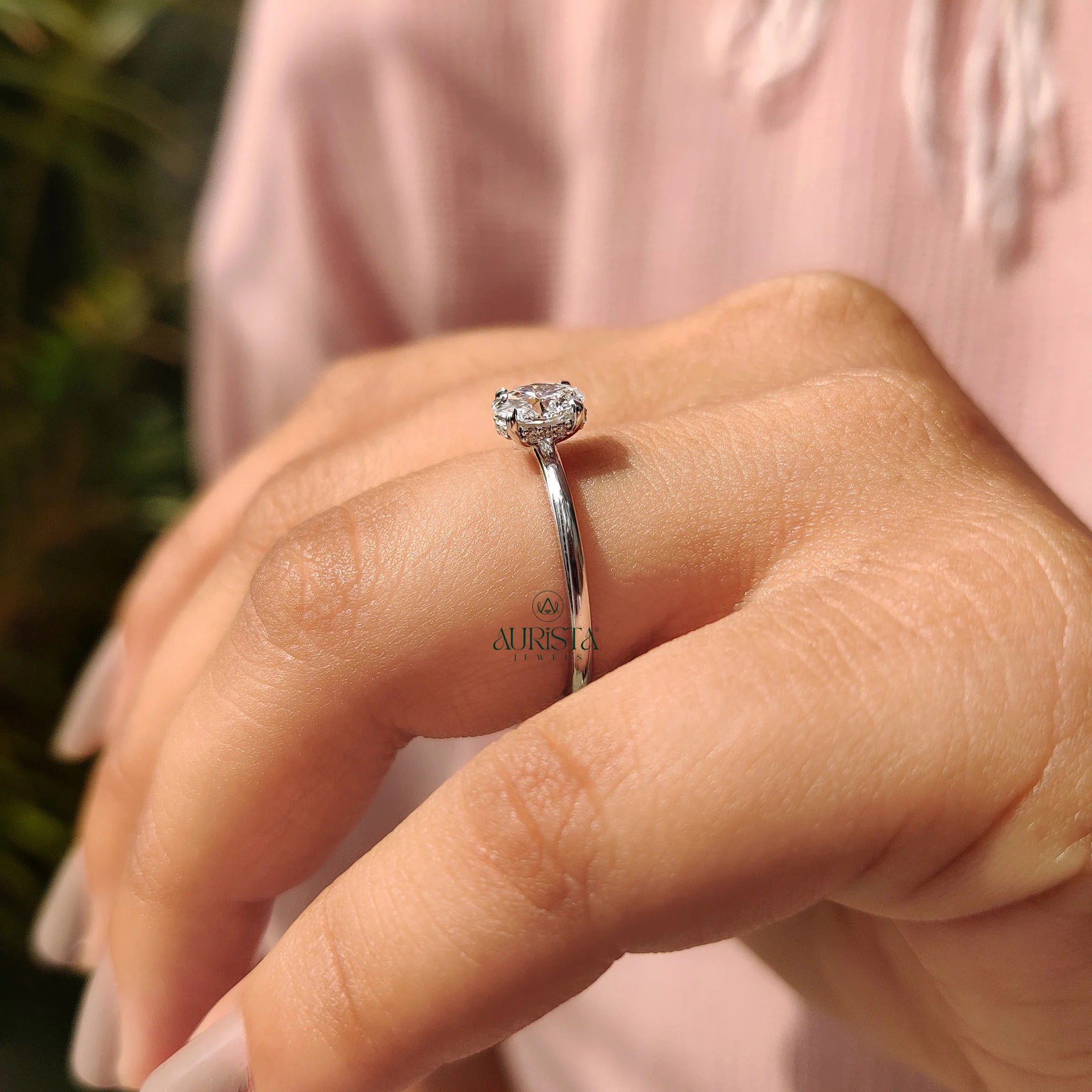 Oval Cut Diamond Four Prong Solitaire Ring with Hidden Halo