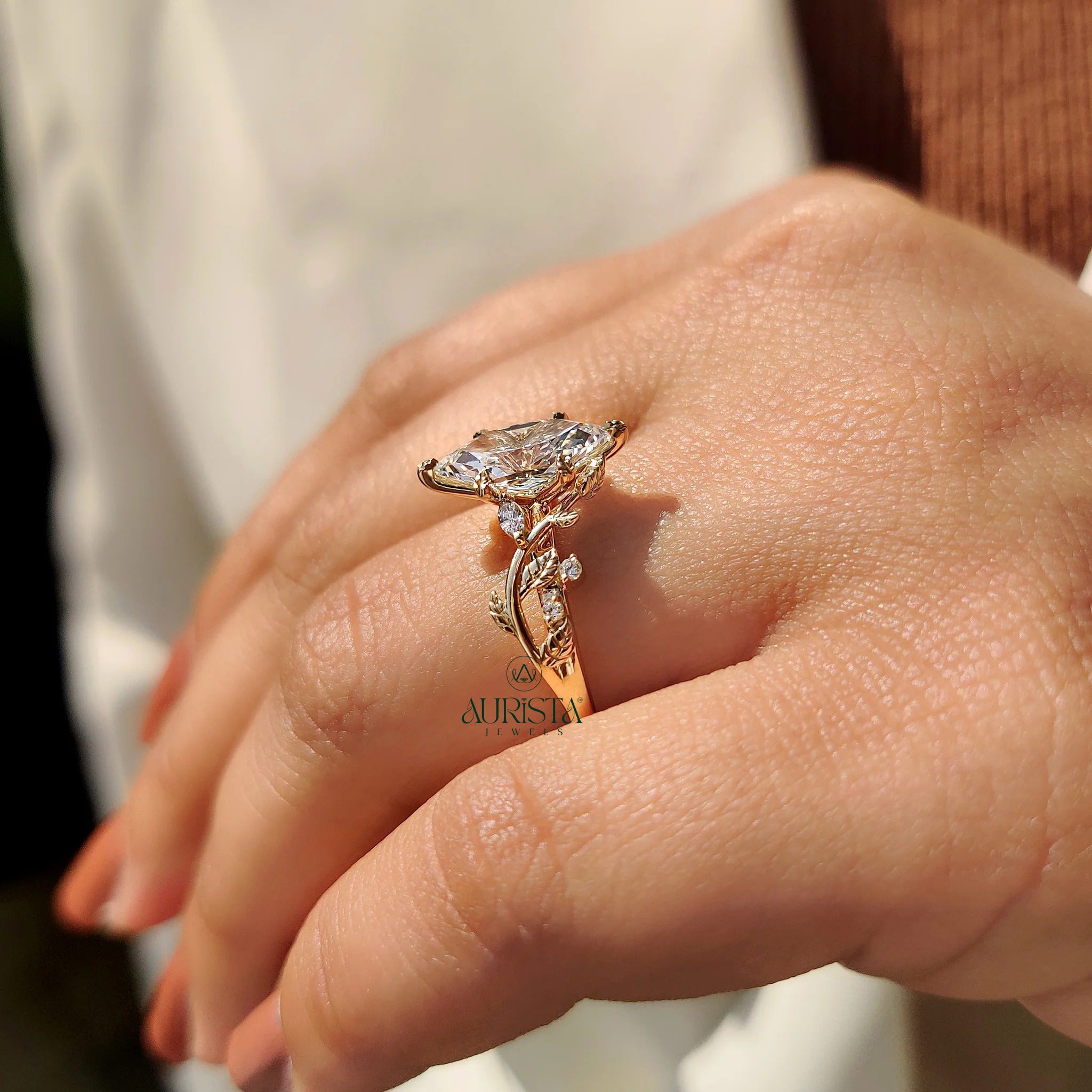 Marquise Cut Diamond Vine Ring with Leaf Accent Twig Band
