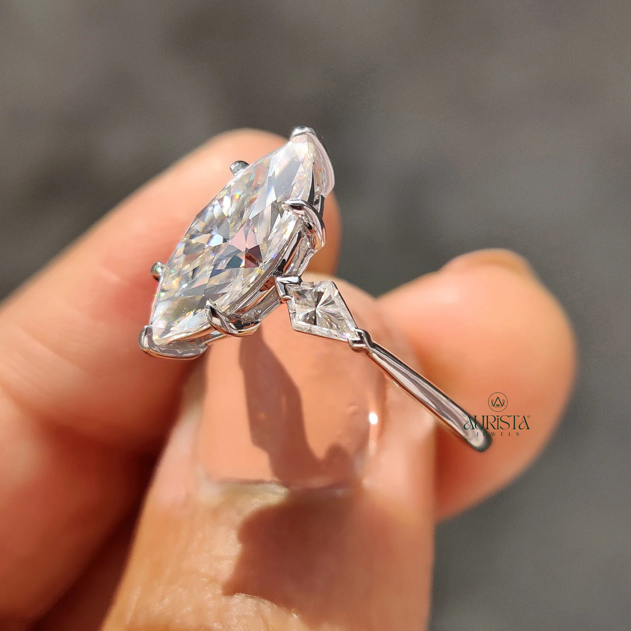 Marquise Moissanite in Diamond Kite Accent White Gold 3 Stone Engagement Ring
