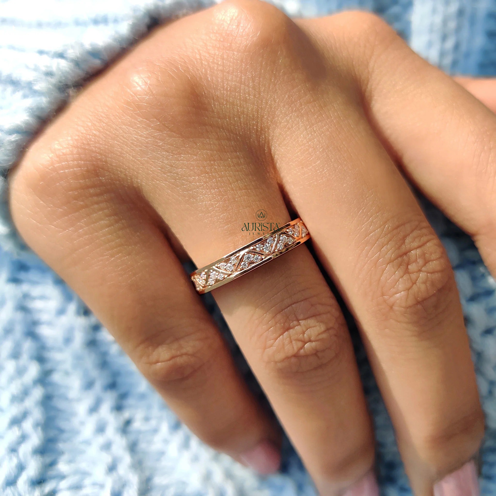Moissanite Diamond Engraved Rose Gold Band Minimalist Geometric Wedding Ring
