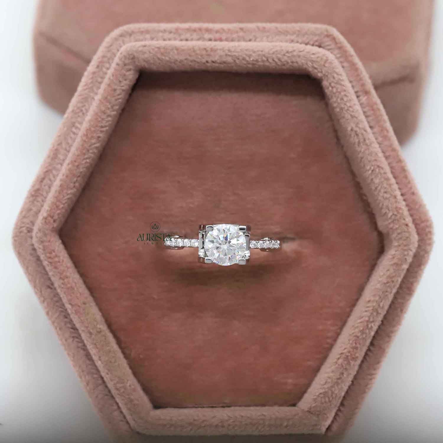 Round Cut Lab Grown Diamond Engagement Ring, Solitaire Ring With Pavé Band
