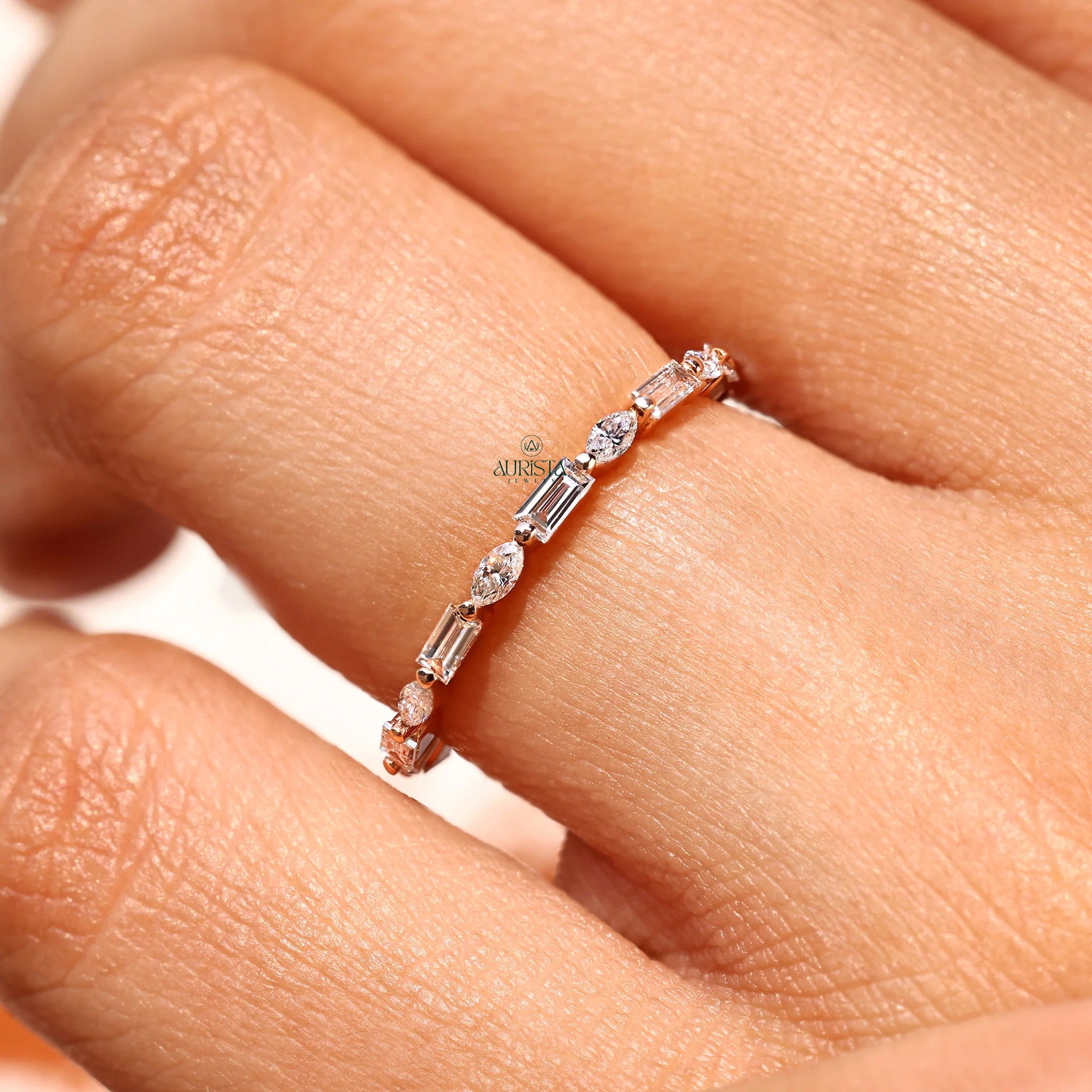 Mixed Cut Moissanite Diamond Band, Marquise & Baguette Gold Stackable Wedding Ring