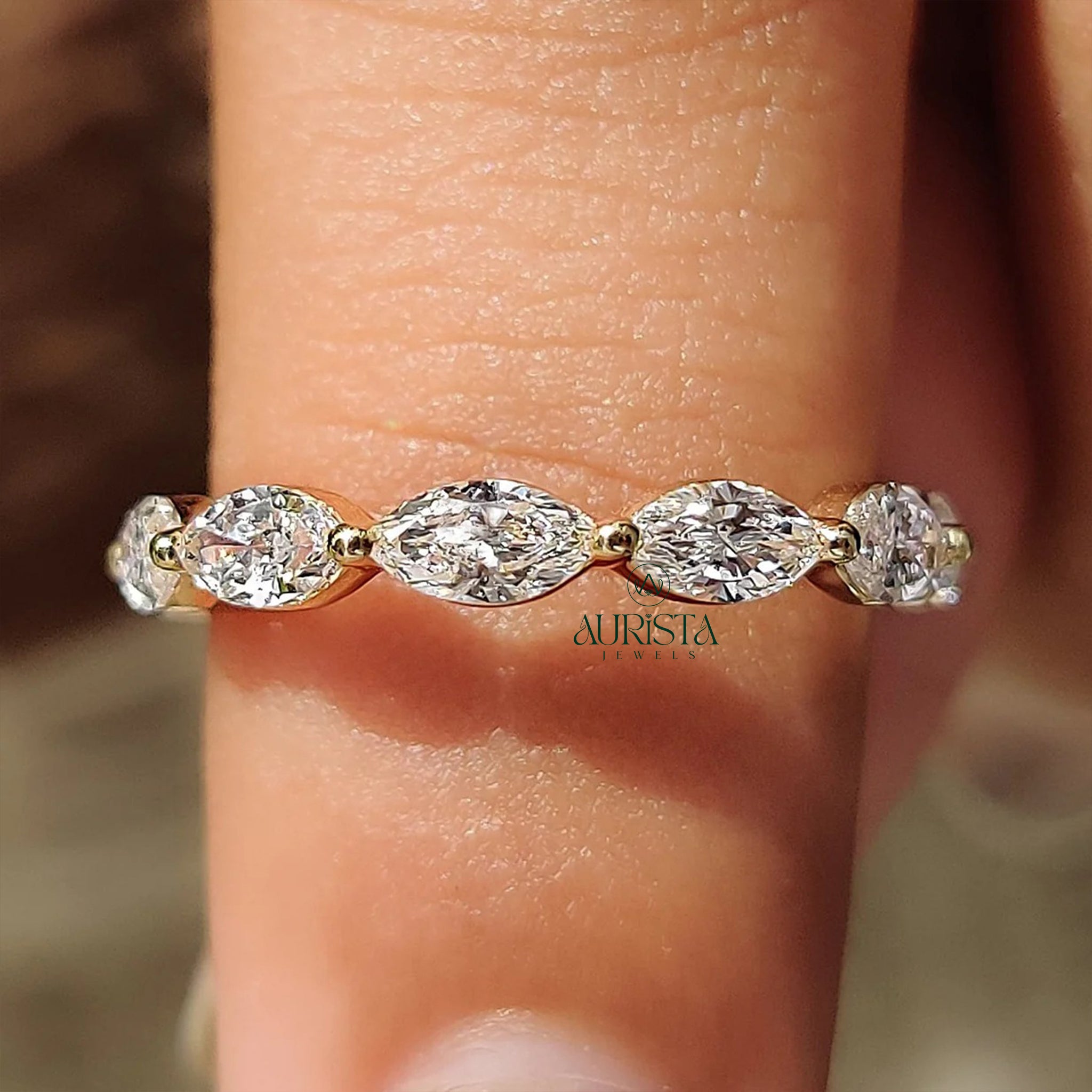 East-West Marquise Moissanite Diamond Full Eternity Wedding Band, Yellow Gold Ring