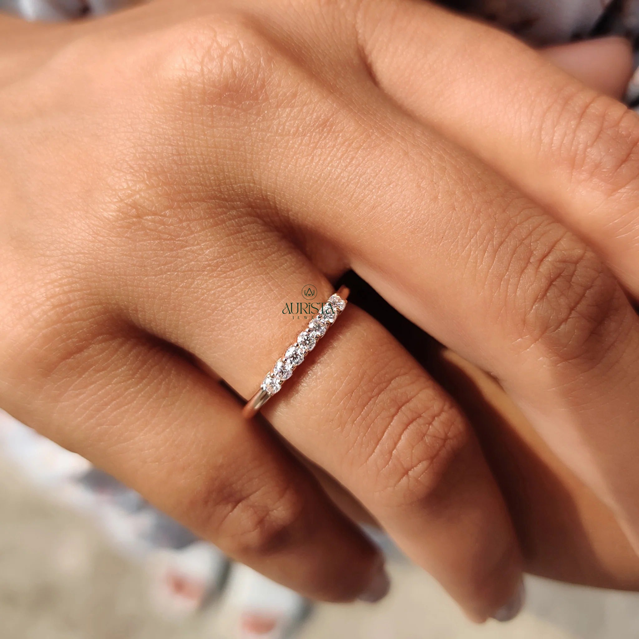 Dainty Moissanite Diamond Station Band Rose Gold Minimalist Stackable Wedding Ring