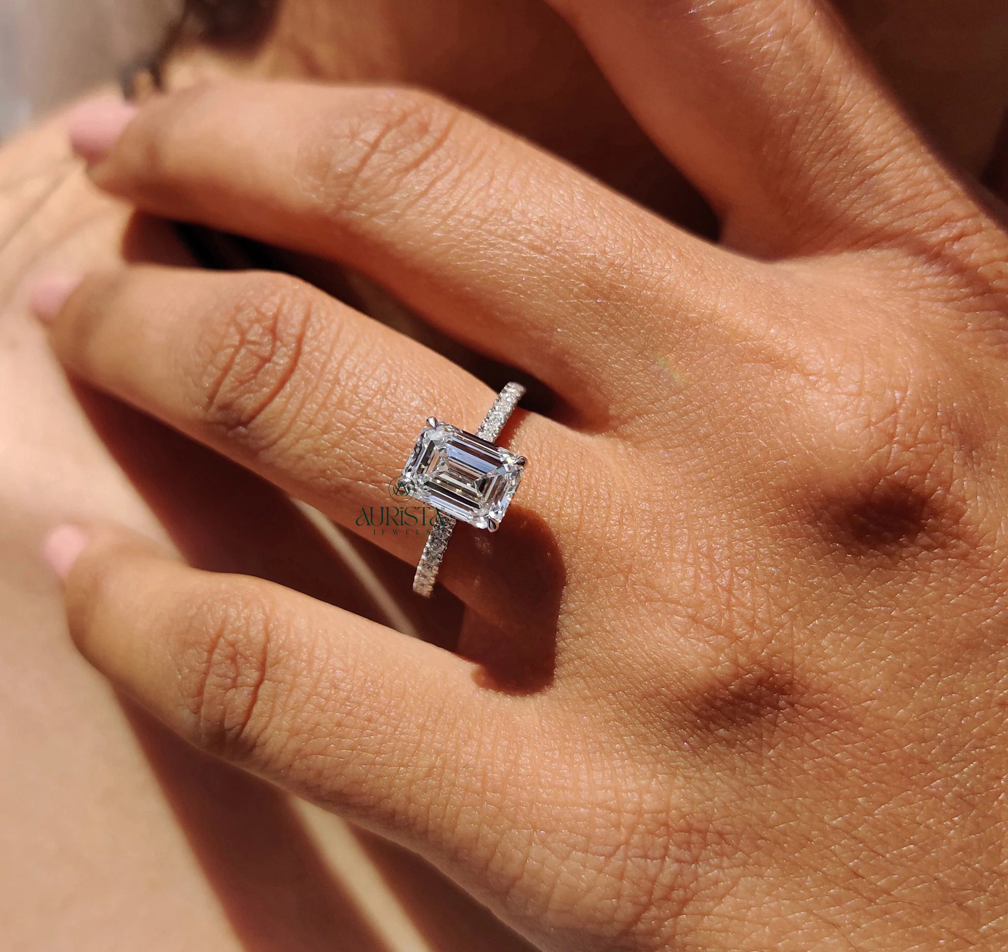 Emerald Cut Diamond Ring with Timeless Pave Elegance