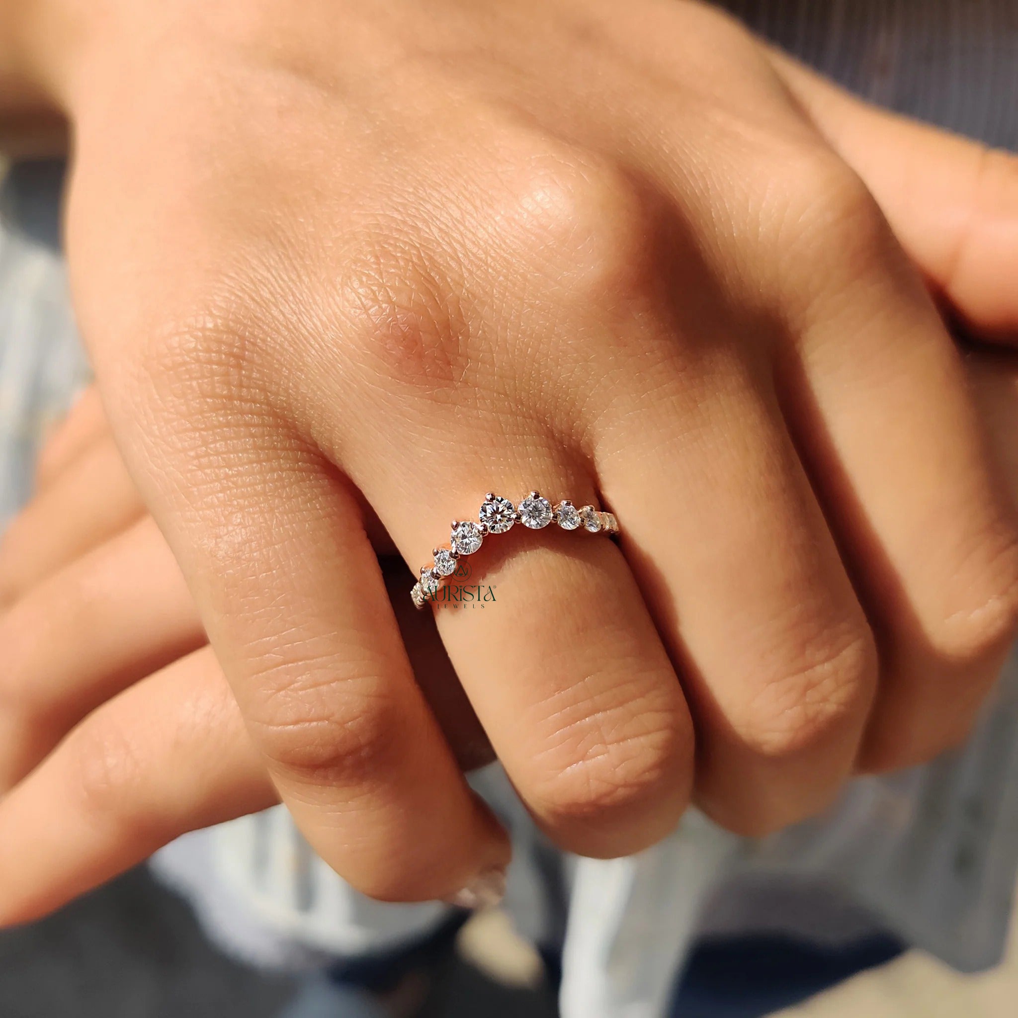 Moissanite Diamond Chevron Stackable Wedding Ring Rose Gold Dainty Curved Band