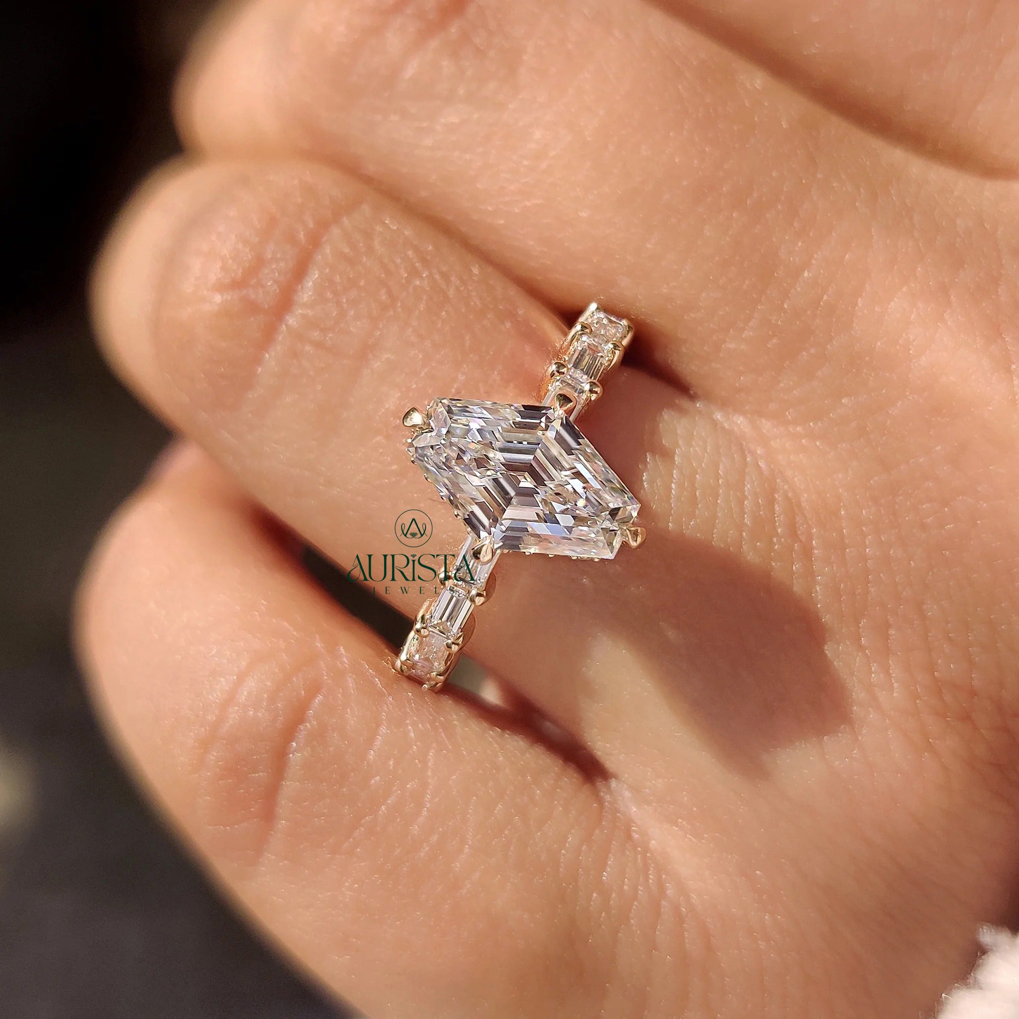 Luxury Hexagon Cut Pave Ring with Brilliant Side Stones
