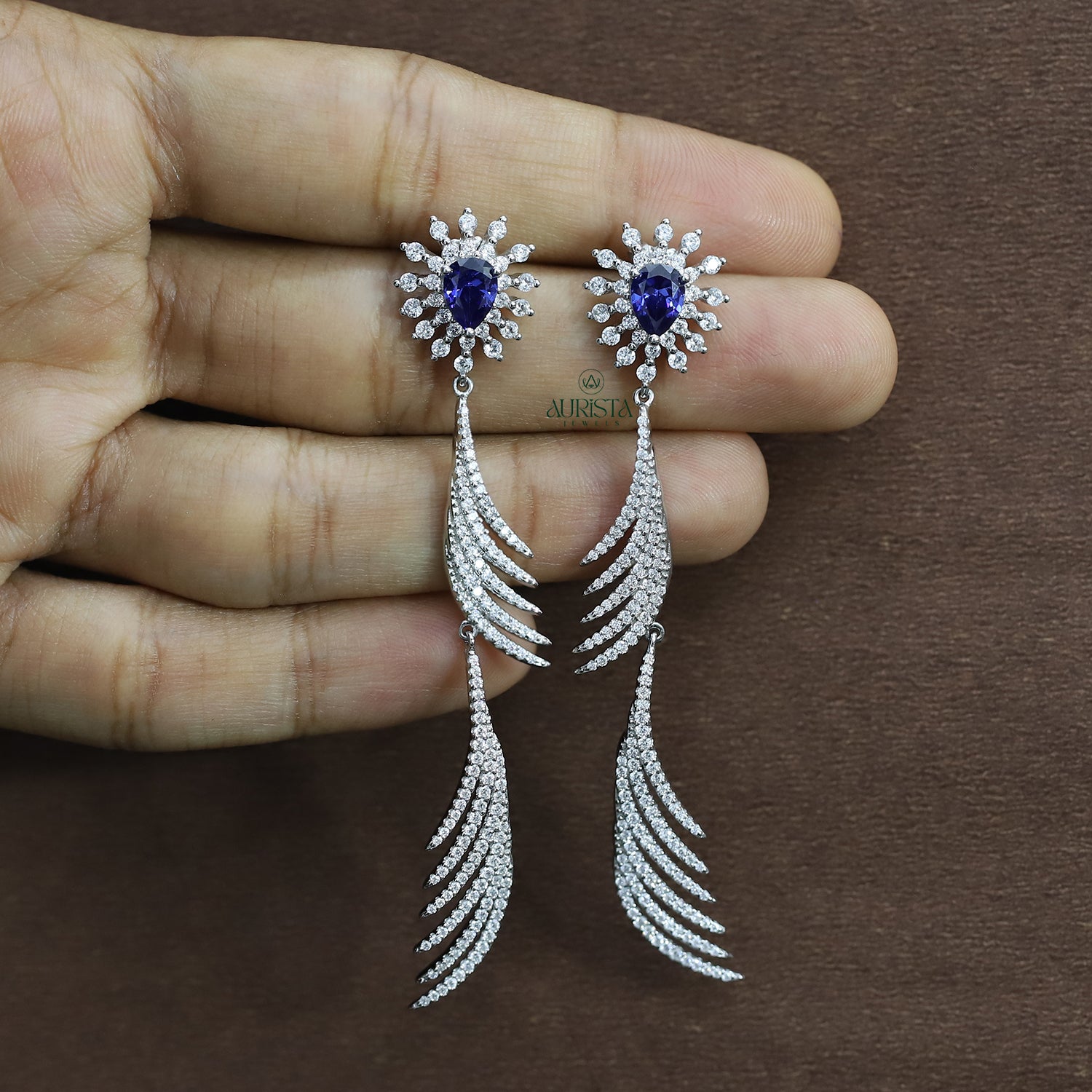 Unique Blue Pear Stone Necklace Wing Style Moissanite Statement Fine Jewelry