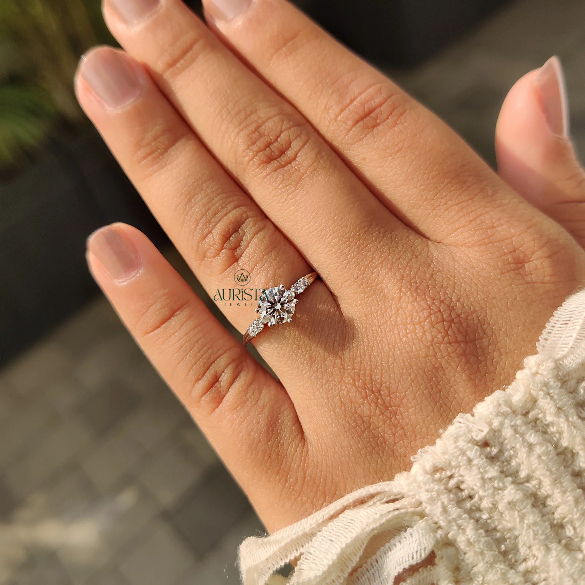 Round Brilliant Cut Diamond Ring with 6-Prong Accent Band