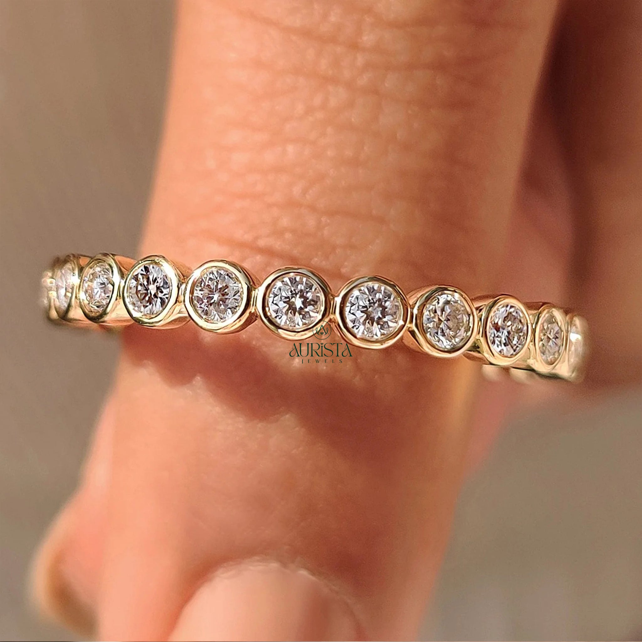 Bezel Set Moissanite Diamond Eternity Band, Round Gold Stackable Wedding Ring for Her