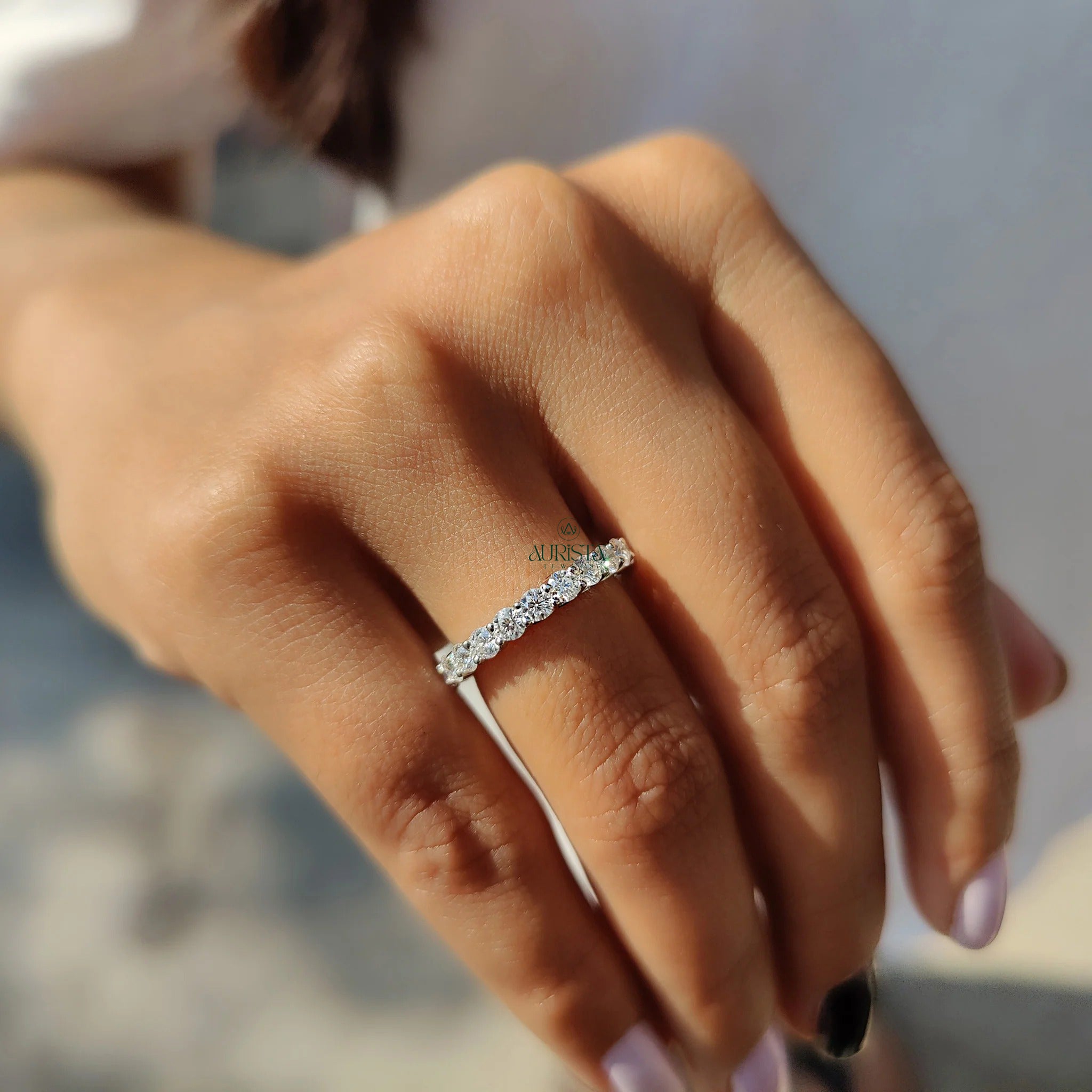 Moissanite Diamond Full Eternity Band Minimalist Stackable Wedding Ring White Gold