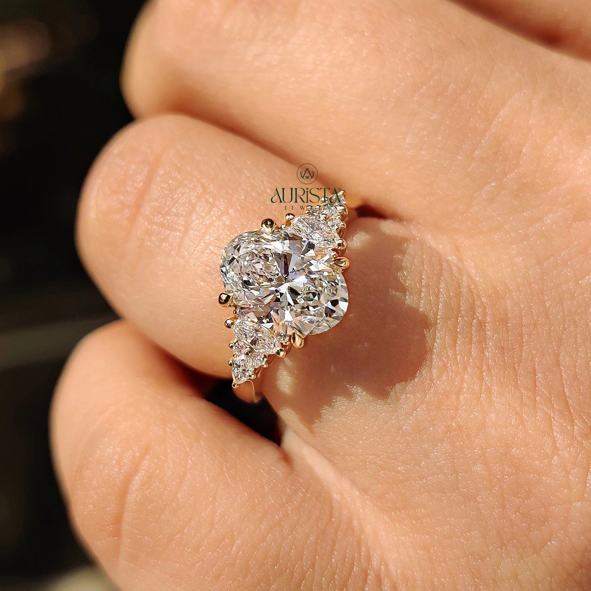Oval Cut Diamond Ring with Vintage Tiered Side Stones