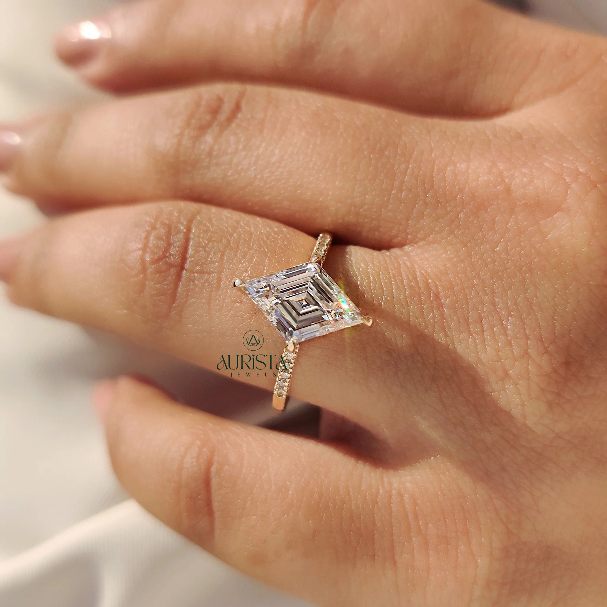 Elegant Lozenge Cut Diamond Ring with Timeless Pave Elegance